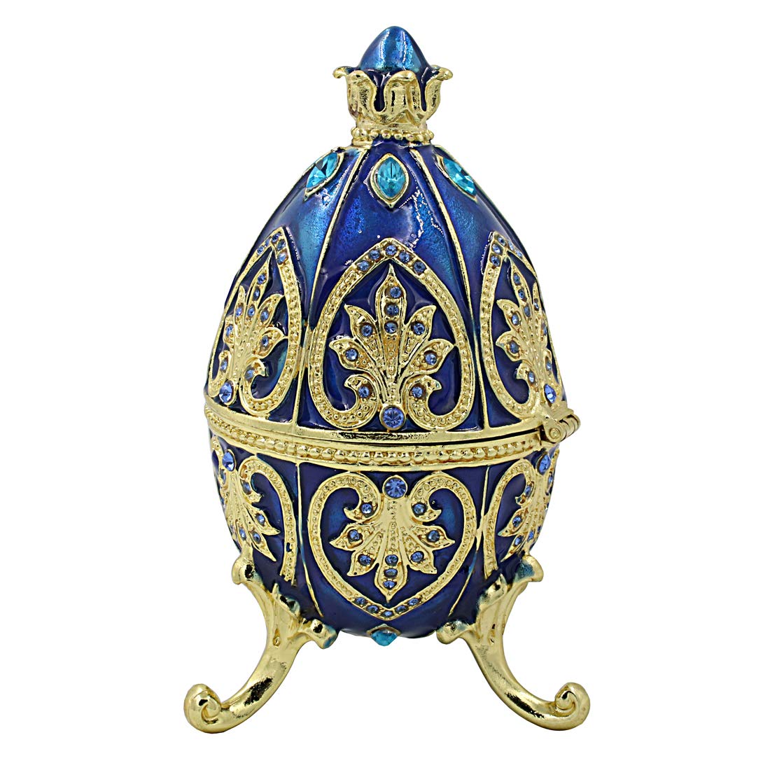Hand-Painted Crystal Easter Faberge Egg Jewelry Box - Nevsky Romanov Style Hinged Trinket Box for Rings & Small Treasures | Alexander Palace Collection | Elegant Home Decor & Gift Idea for Easter, Weddings & Special Occasions (Blue)