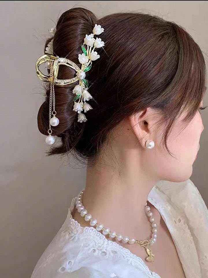 Korean Style Rose Petals Butterfly Tassel Hair Clips - Large Fashion Shark Hair Claws for Women & Girls | Gold Hair Accessories for Weddings, Parties & Daily Styling (Style 1)