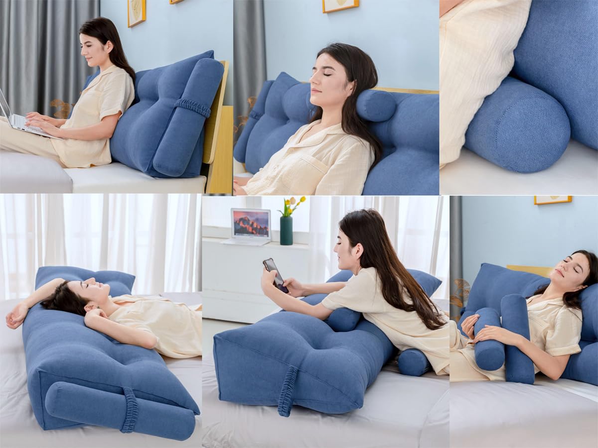 Triangular Reading Bed Rest Pillow - Large Wedge Cushion with Detachable Neck & Lumbar Support Pillows - 77x8x20 Inch King Size - Perfect for Reading, Watching TV, and Relaxing in Bed (Champagne)
