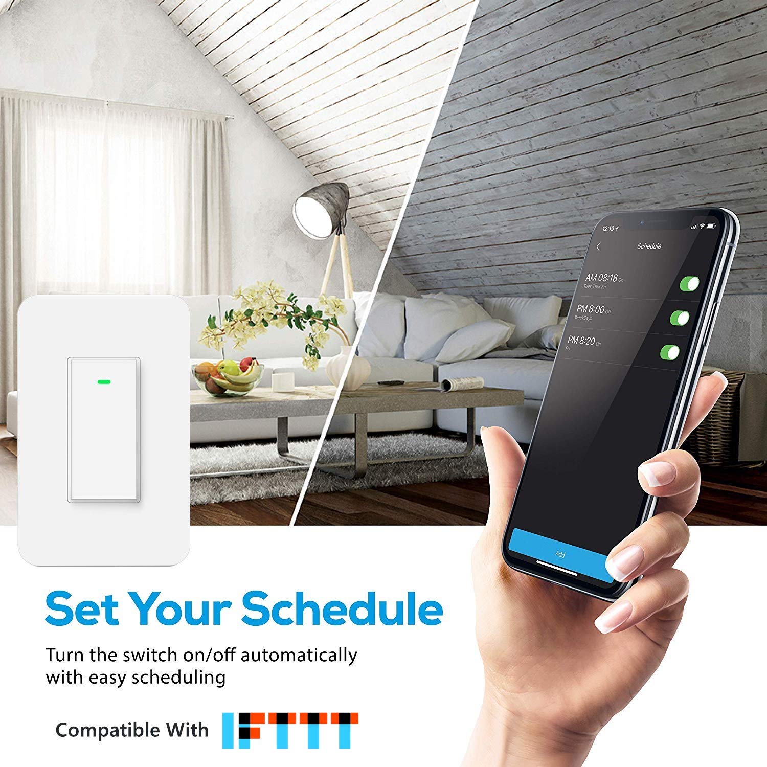 Nexete 3-Way Smart Wi-Fi Light Switch - Compatible with Amazon Alexa & Google Assistant, No Hub Required, Timer Function - Perfect for Home Automation & Smart Lighting Control (1-Pack)