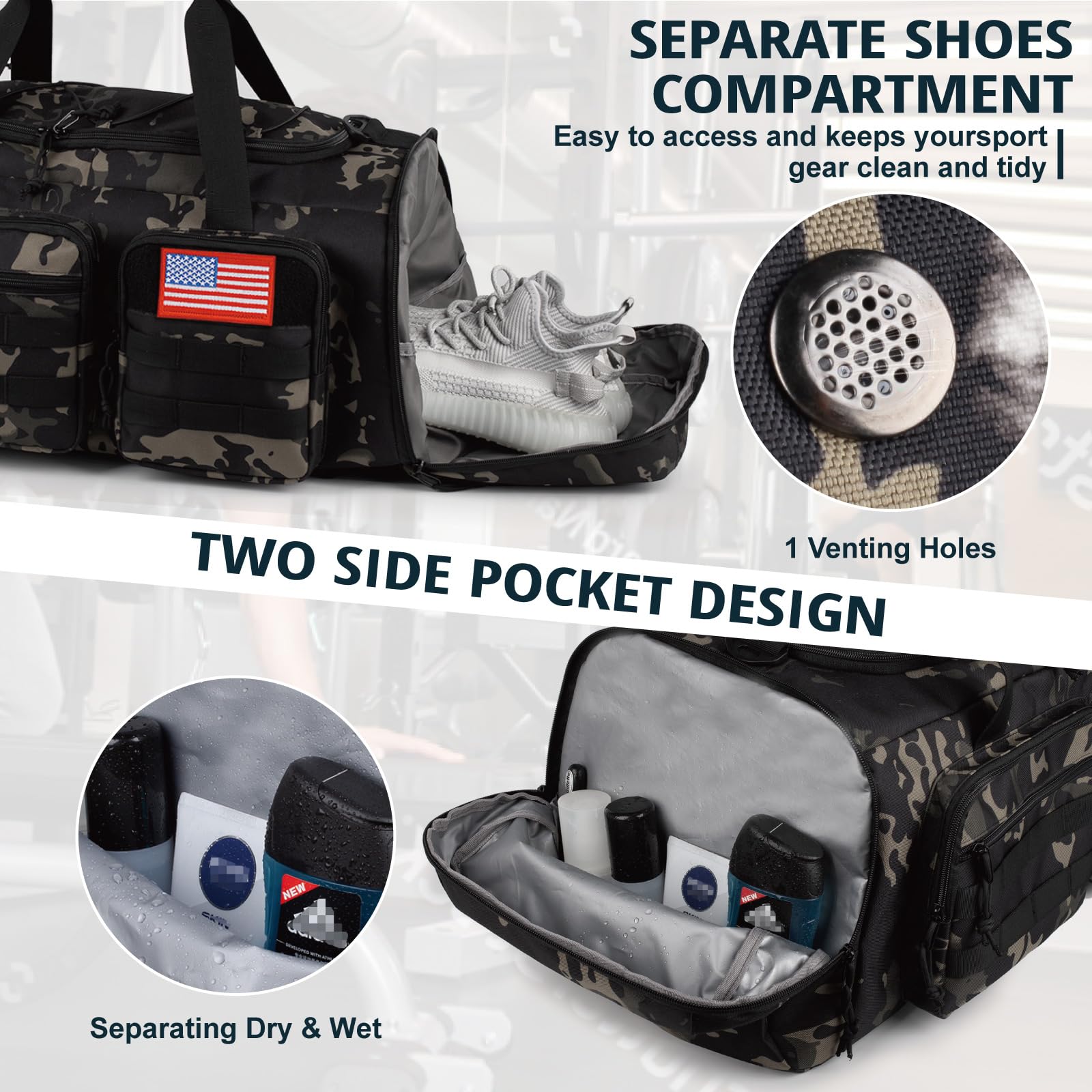 50L Tactical Gym Bag for Men & Women - 3-in-1 Large Sports Duffle Bag with Shoe Compartment, Water Resistant Travel Backpack for Gym, Workout, Travel & Weekender Overnight Trips - Includes Wet Pocket & Multiple Storage Pockets