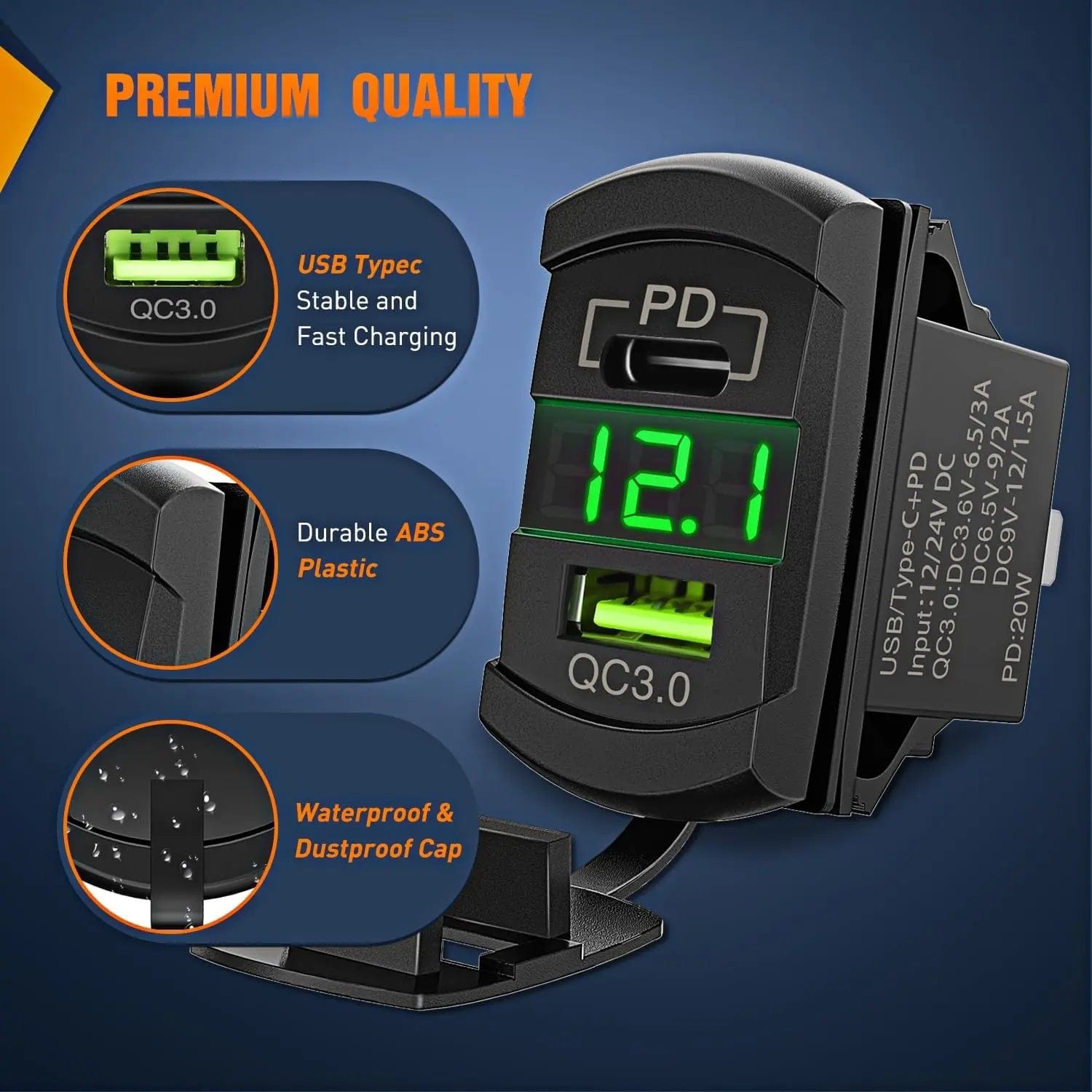 High-Speed PD Type C & QC 3.0 USB Charger with Green Rocker Switch - Fast Charging for Smartphones, Tablets & Laptops - Perfect for Home, Office & Travel Use