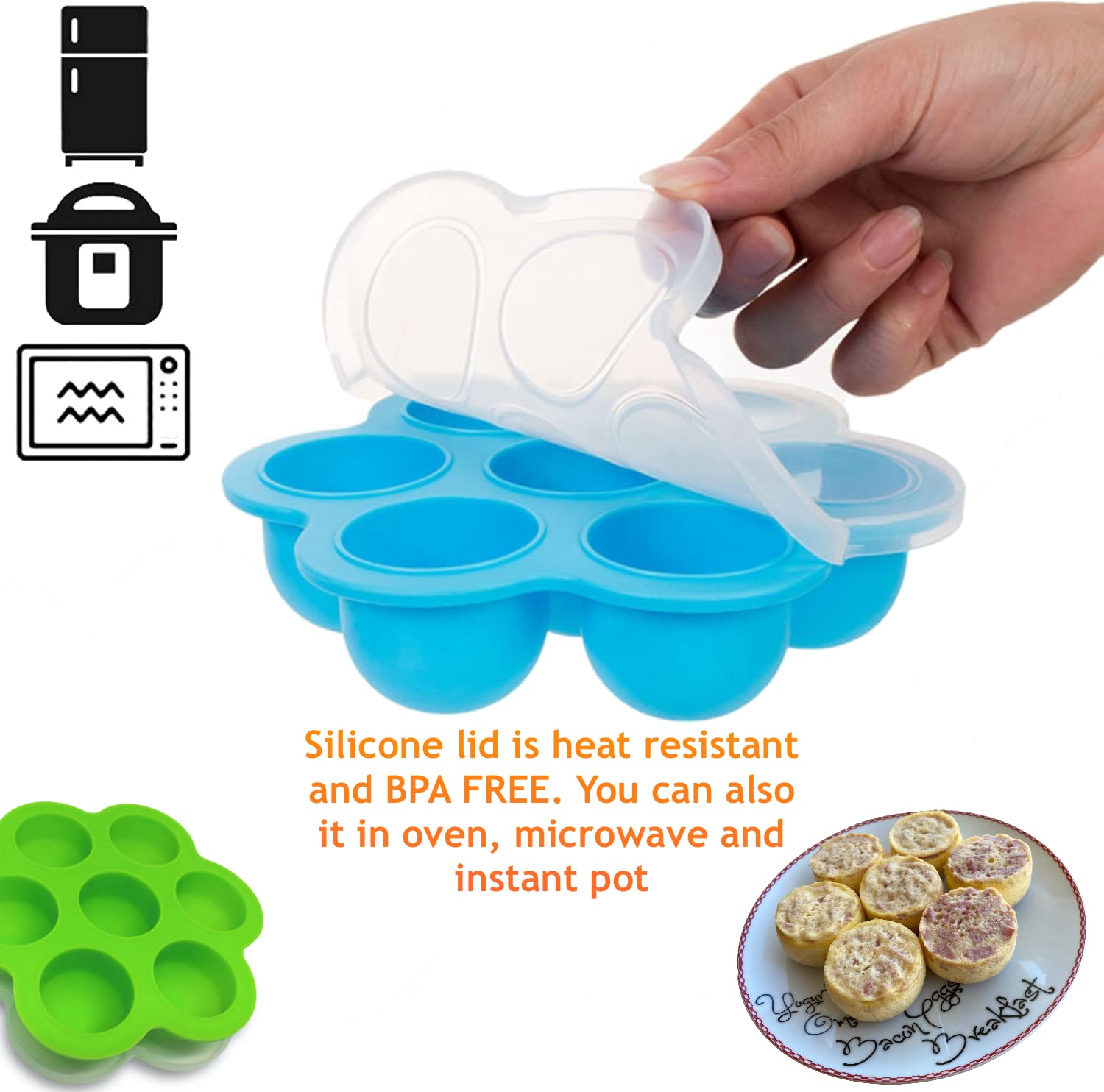 GOKCEN 2-Pack Silicone Egg Bite Molds for Instant Pot 5,6,8 qt Pressure Cooker - Reusable Freezer-Safe Food Storage Containers with Lid (Blue & Green) - Perfect for Meal Prep, Sous Vide, and Healthy Snacks