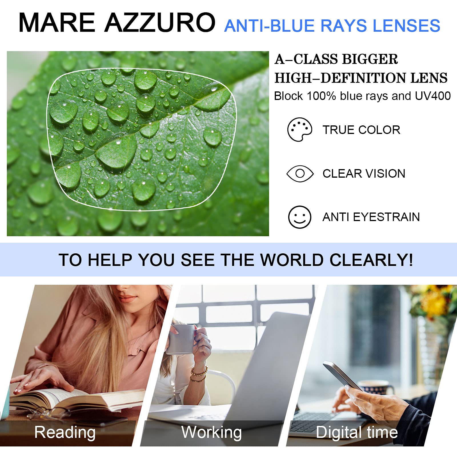MARE AZZURO Blue Light Blocking Reading Glasses for Women - Anti Glare Computer Glasses with 0 to 6.0 Magnification (Black, 2.00 Strength) - Perfect for Office Work, Screen Time & Digital Eye Strain Relief