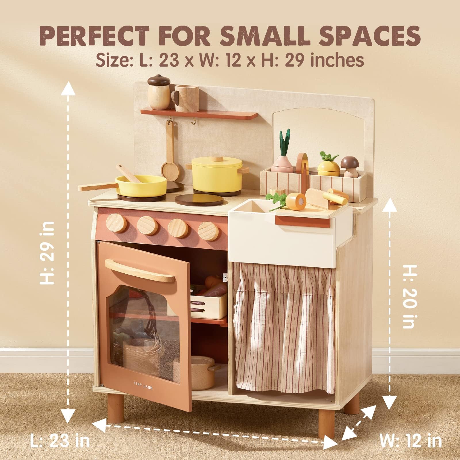 Tiny Land Wooden Play Kitchen Set for Toddlers - Farm Style Toy Kitchen with Cutting Food Playset - Best Educational Gift for Girls & Boys - Perfect for Pretend Play, Role Playing & Early Learning at Home