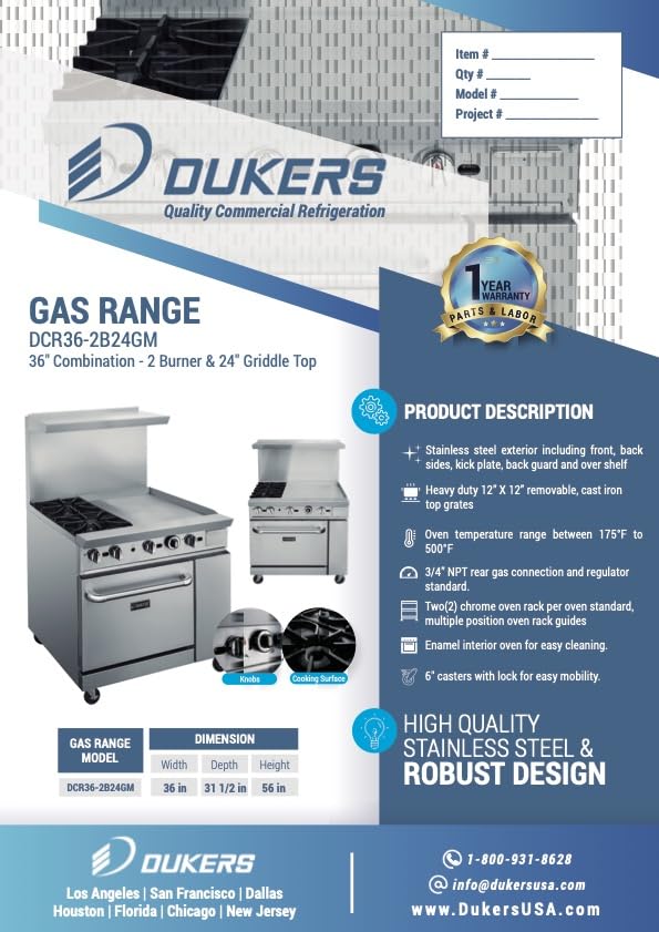 Dukers DCR36-2B24GM 36-Inch Commercial Gas Range with 2 Open Burners & 24-Inch Griddle - Natural Gas - Ideal for Restaurants, Diners & Commercial Kitchens