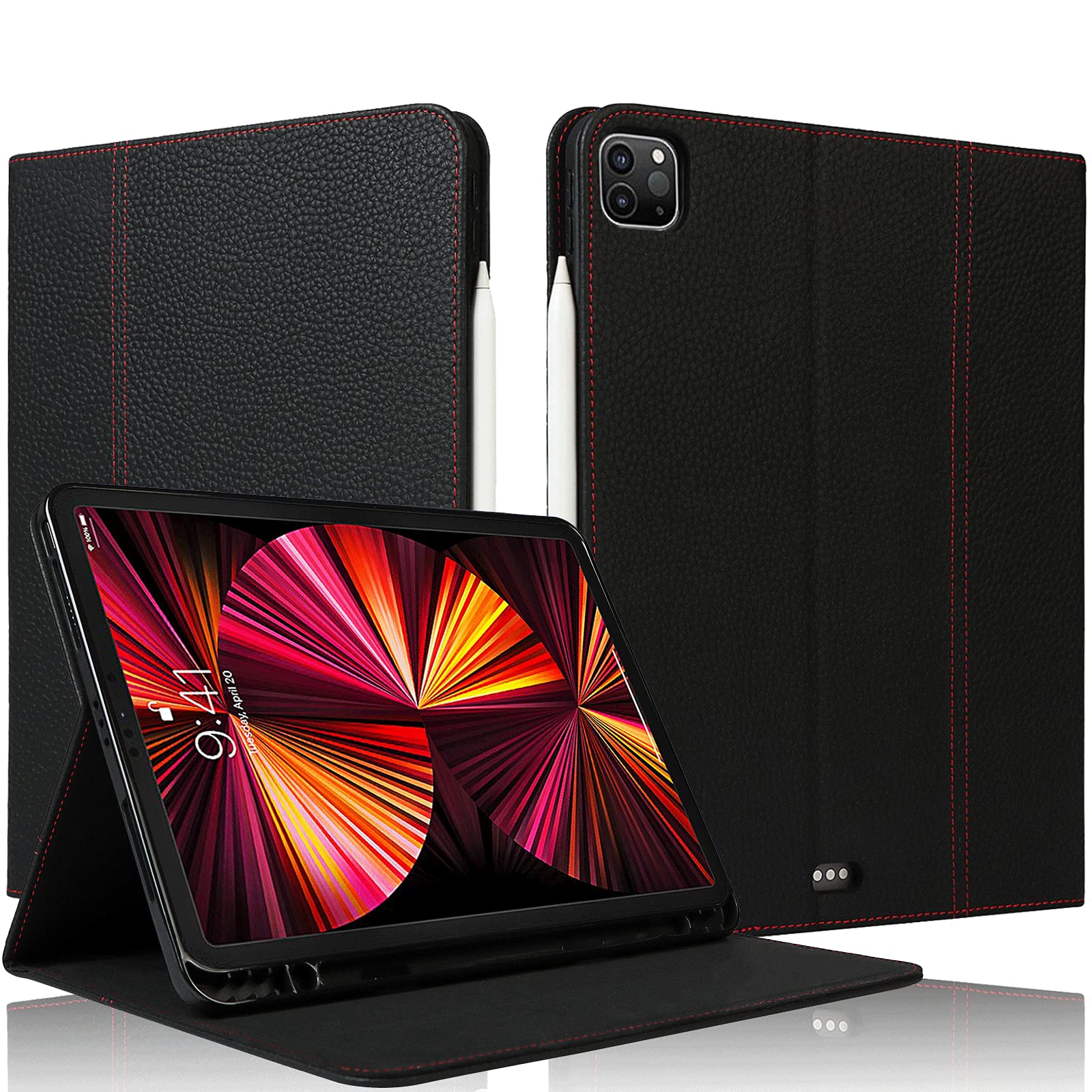 Premium Genuine Cow Leather iPad Pro 11 inch 2021 Case with Pencil Holder - Auto Sleep/Wake, Magnetic Kickstand, Shockproof Cover (Black) | Perfect for Business Professionals & Travel Protection