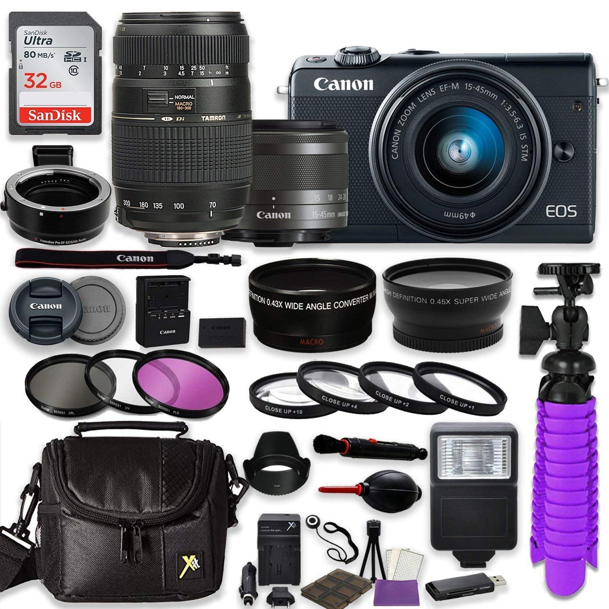 Canon EOS M100 Mirrorless Digital Camera Kit with 15-45mm & 70-300mm Lenses - Includes Mount Adapter & Gadget Bag | Perfect for Travel Photography, Vlogging & Street Shooting