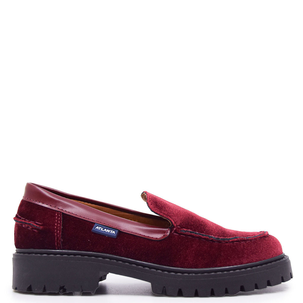 Atlanta Moccasin Shoes for Women - Maroon Velvet Chunky Loafers - Comfortable Slip-On Casual Flats for Work, Travel & Everyday Wear