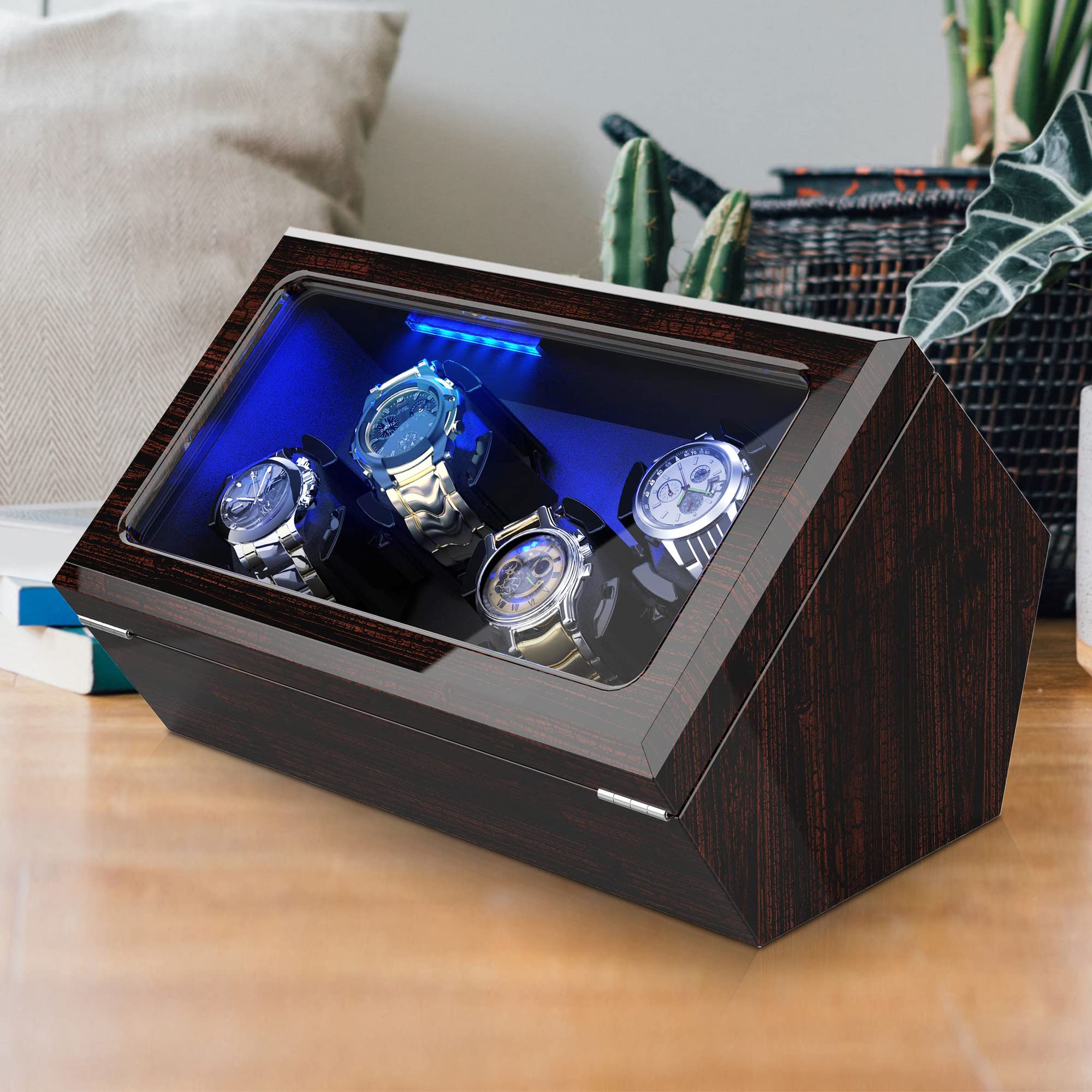 Premium Automatic Watch Winder for Rolex & Luxury Watches - 4 Watch Capacity with Ultra Quiet Motor, Blue LED Display & 4 Rotation Modes - Adjustable Cushions & Dual Power Supply (AC/Battery) - Perfect for Watch Collectors, Travel & Nightstand Storage