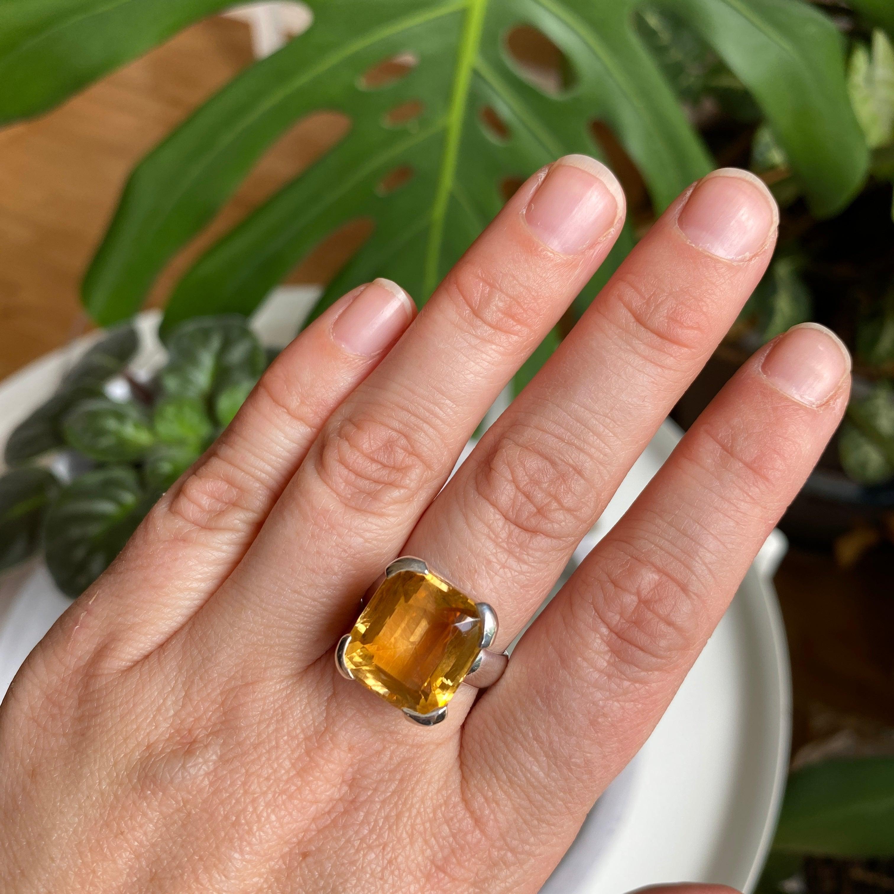 Natural Citrine Gemstone Rectangular Faceted Ring - Size 8, KRGJ2150 - Elegant Jewelry for Women, Perfect for Weddings, Parties & Everyday Wear