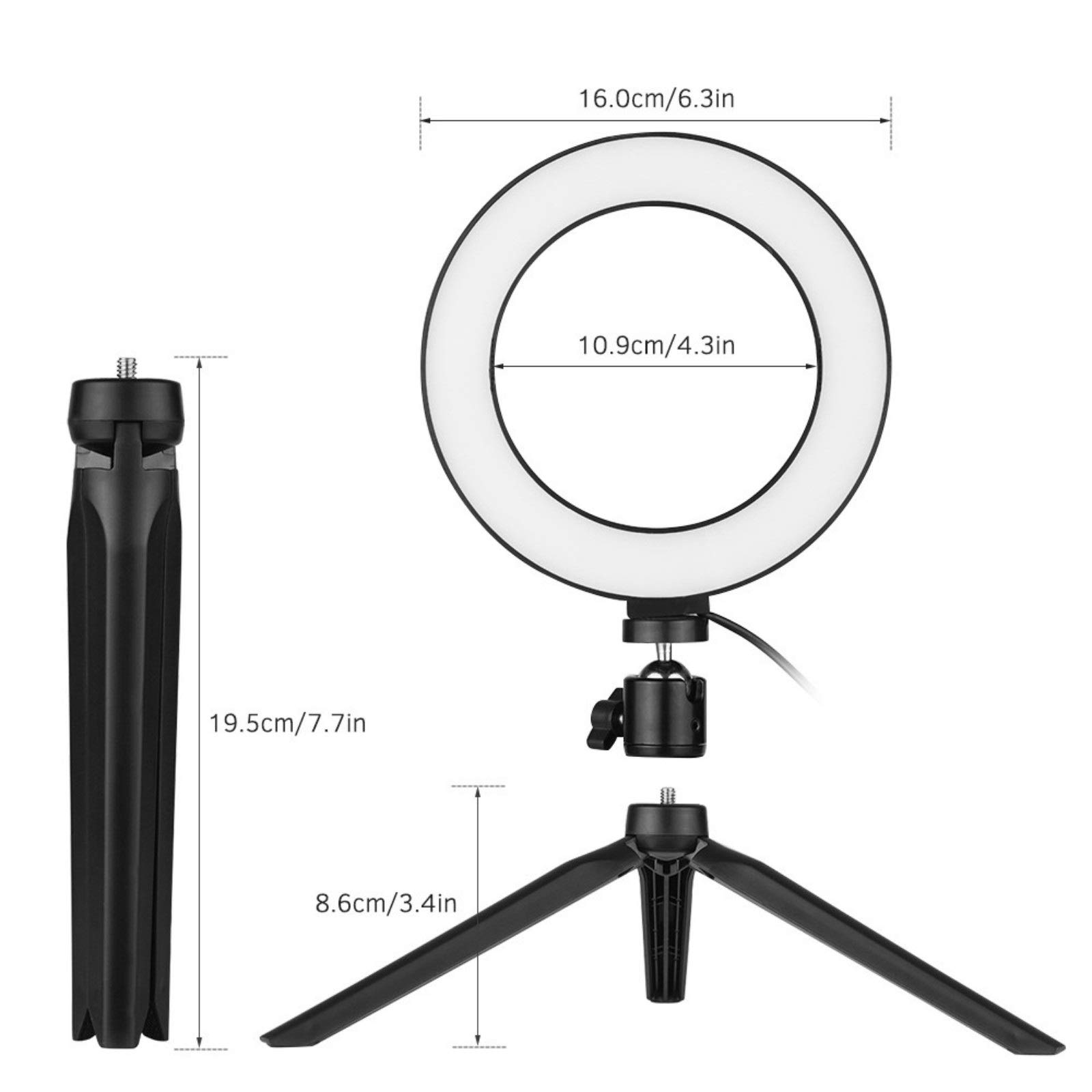 6 Inch Dimmable LED Ring Light with Mini Tripod - 3200K to 5500K Adjustable Color Temperature, Black - Perfect for Makeup, Live Streaming, YouTube Videos & Photography