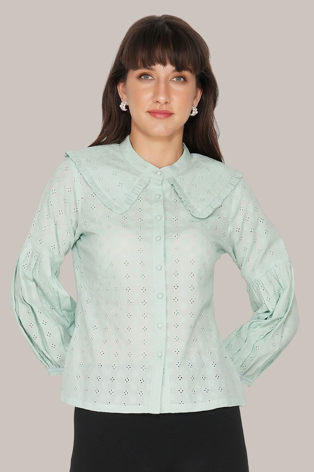 Pastel Green Jerri Cotton Embroidered Shirt for Women - Casual Boho Blouse for Spring & Summer Outfits, Beach Vacations, and Date Nights