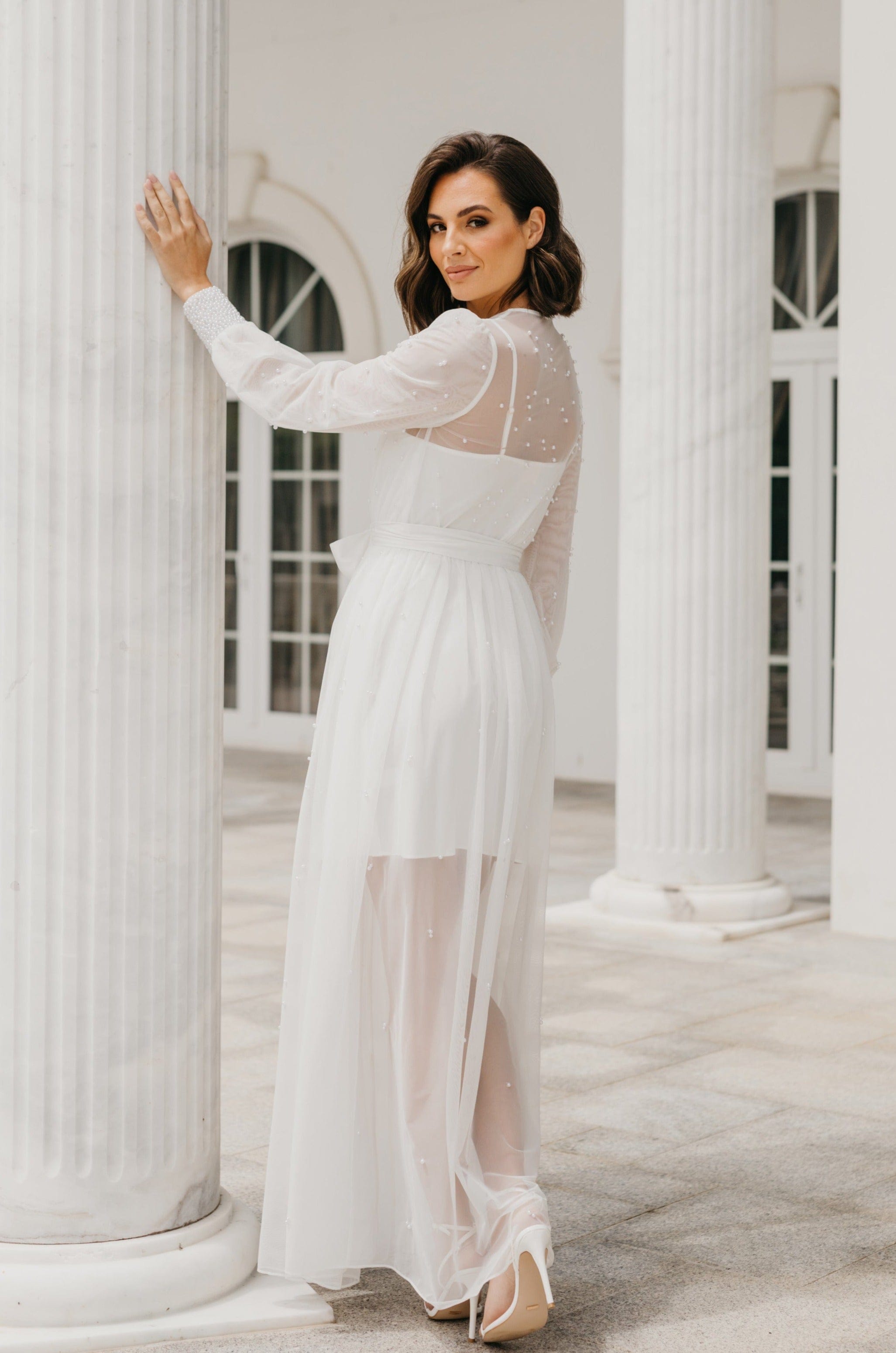 Elegant Ivy Hand-Beaded Pearl Mesh Maxi Dress with Slip - Perfect for Weddings, Parties & Special Occasions