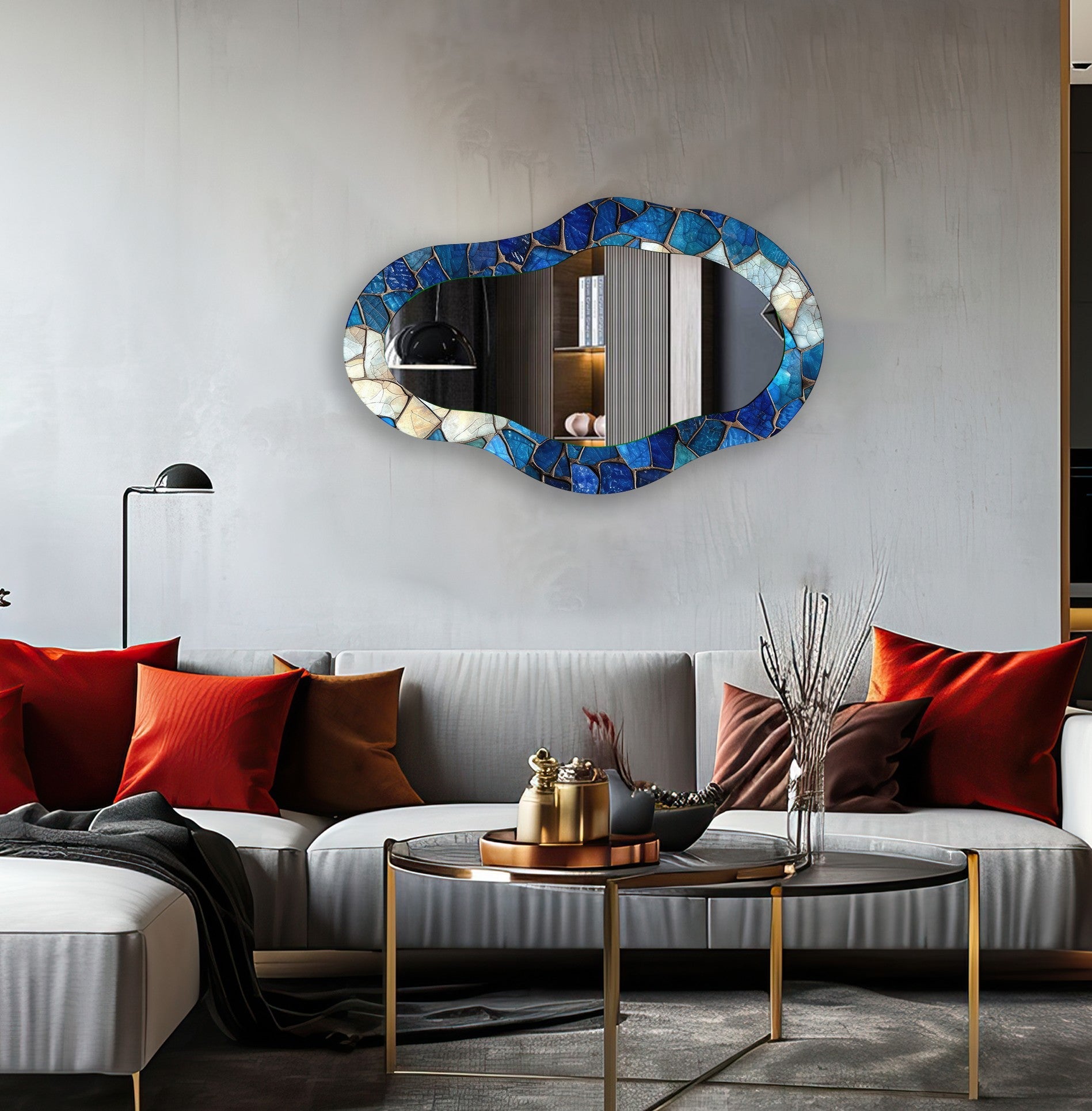 Blue Mosaic Asymmetrical Wall Mirror - Handcrafted Boho Decor for Living Room, Bedroom & Entryway - Unique Decorative Mirror for Home & Office