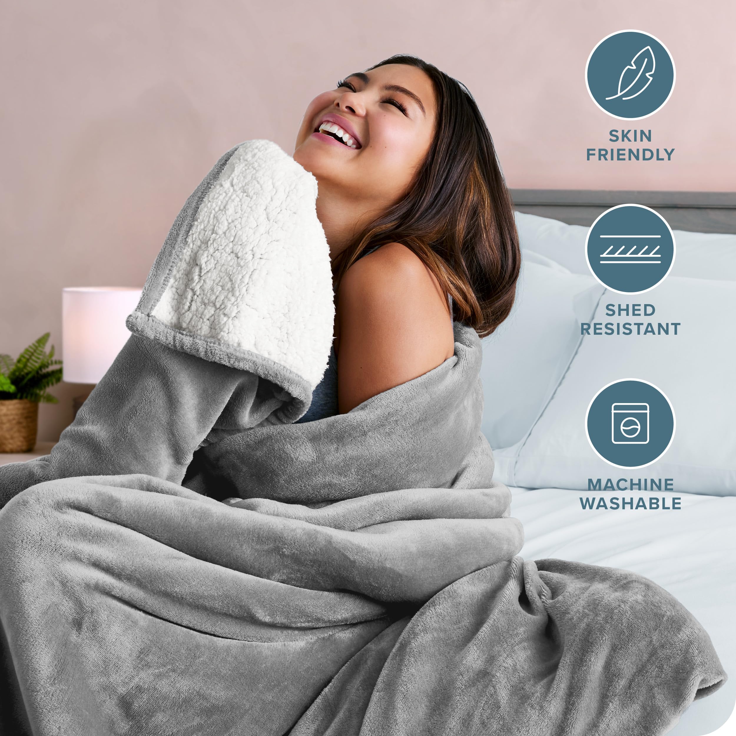 Bare Home Sherpa Fleece Blanket - Ultra Soft Reversible Plush Throw Blanket for Bed, Sofa, Couch - Lightweight & Warm Travel Blanket for Camping, Airplane, Car - Perfect Gift for Christmas, Birthday - Light Grey - Cozy for Movie Nights, Reading & Relaxation