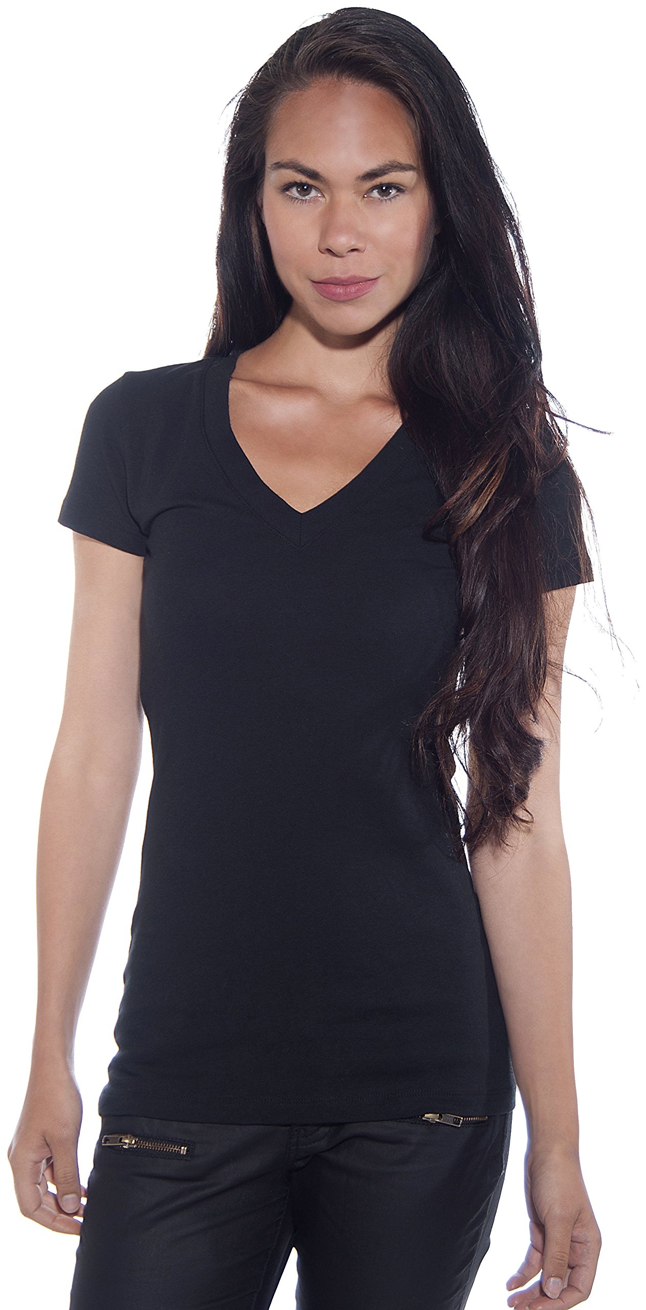 2 Pack Zenana Women's Basic V-Neck T-Shirts - Soft Cotton Casual Tees in Small Black & H Beige | Perfect for Everyday Wear, Layering & Lounge Outfits