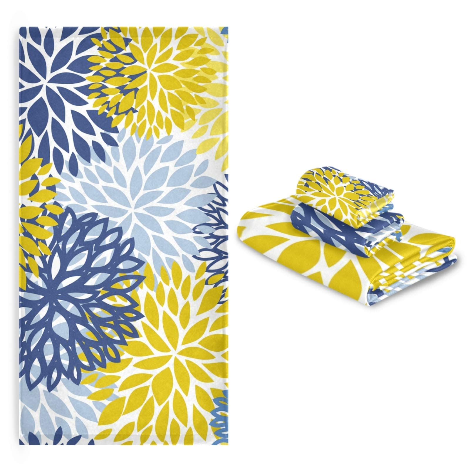 Premium Blue Yellow Navy Chrysanthemum Flower Bath Towel Set - 1 Bath Towel, 1 Hand Towel, 1 Washcloth - Soft Absorbent Cotton Towels for Bathroom, Kitchen & Spa Decor - Perfect for Home, Hotel & Gift Giving