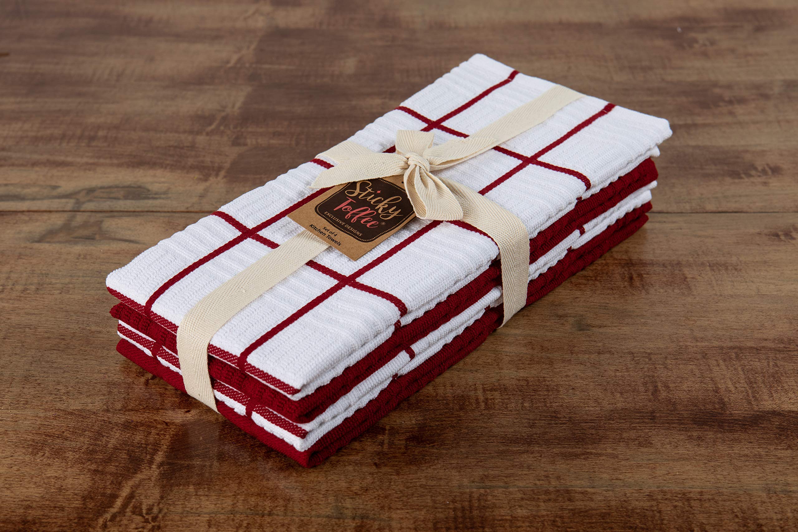 Premium 100% Cotton Kitchen Dish Towels Set of 4 - Absorbent & Reusable Red & White Hand Towels, Tea Towels & Cleaning Cloths (28x16 Inch) | Oeko-Tex Certified | Perfect for Drying Dishes, Wiping Countertops & Kitchen Decor