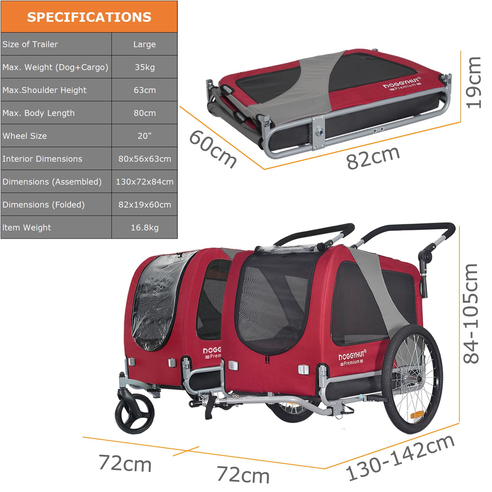 DOGGYHUT® Premium Large/XL Pet Bike Trailer & Stroller - Heavy Duty Bicycle Carrier for Large Dogs or Multiple Small Pets - Low Center Gravity, Parking Brakes, Easy Fold Frame - Perfect for Cycling, Jogging, Park Outings & Outdoor Adventures