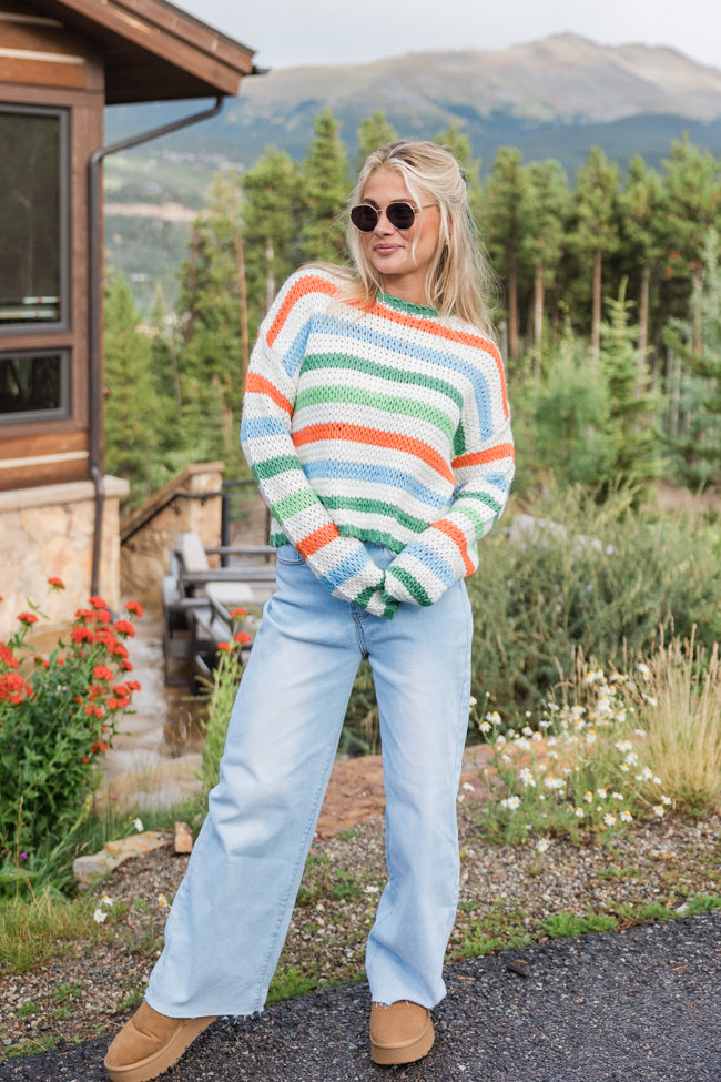 Stylish Green Multi-Stripe Sweater for Women | Cozy Knit Pullover | Perfect for Casual Outings & Fall Layering
