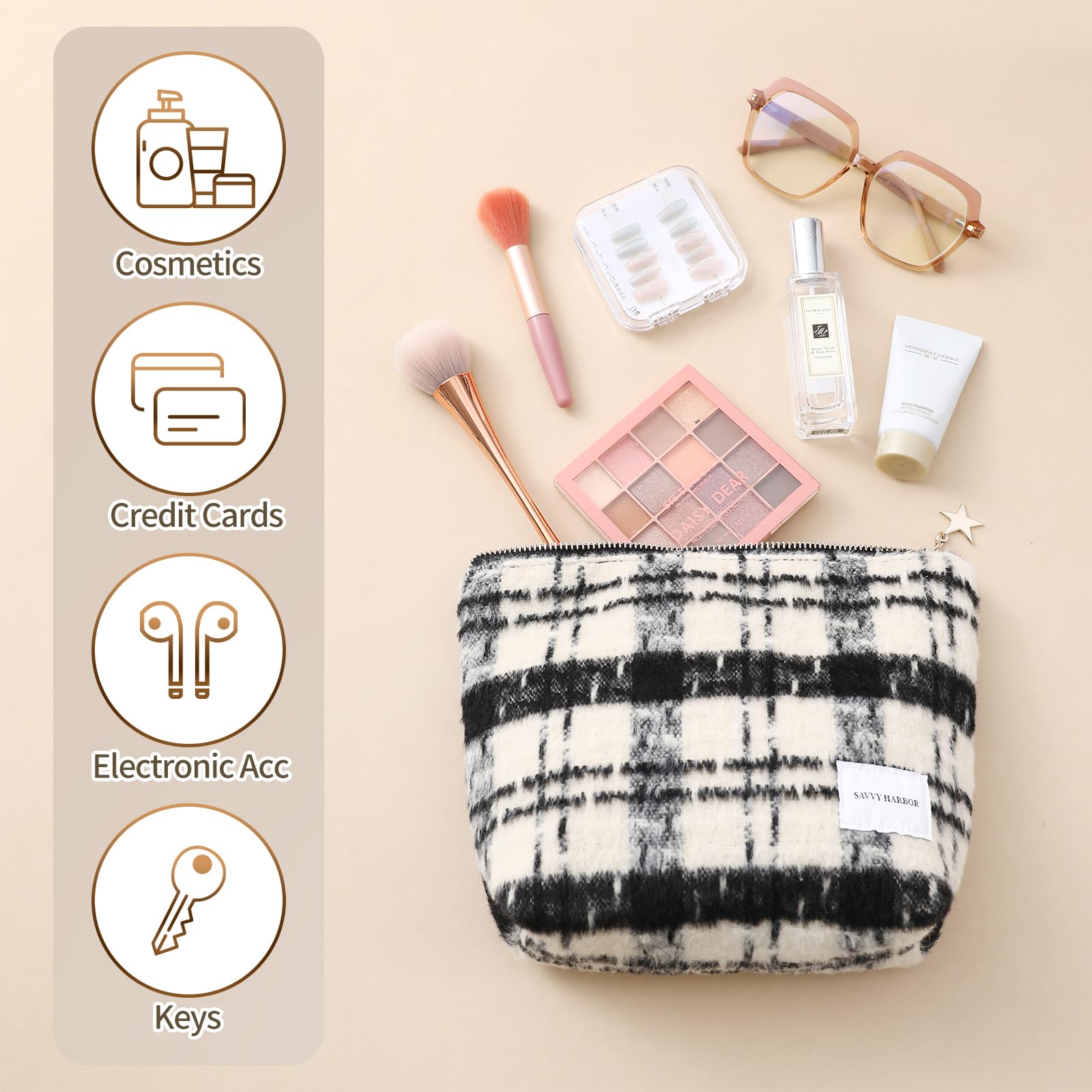 Elegant Beige Checkered Makeup Bag with Zipper - Roomy Travel Cosmetic Organizer & Toiletry Pouch for Women | Perfect Gift for Travel, Gym, and Daily Beauty Storage