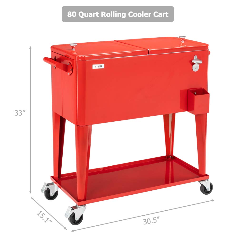 VINGLI 80 Quart Rolling Cooler with Wheels - Portable Outdoor Party Drink Cooler Cart with Shelf, Bottle Opener & Water Pipe - Perfect for Beach, Camping, Tailgating and Backyard BBQs