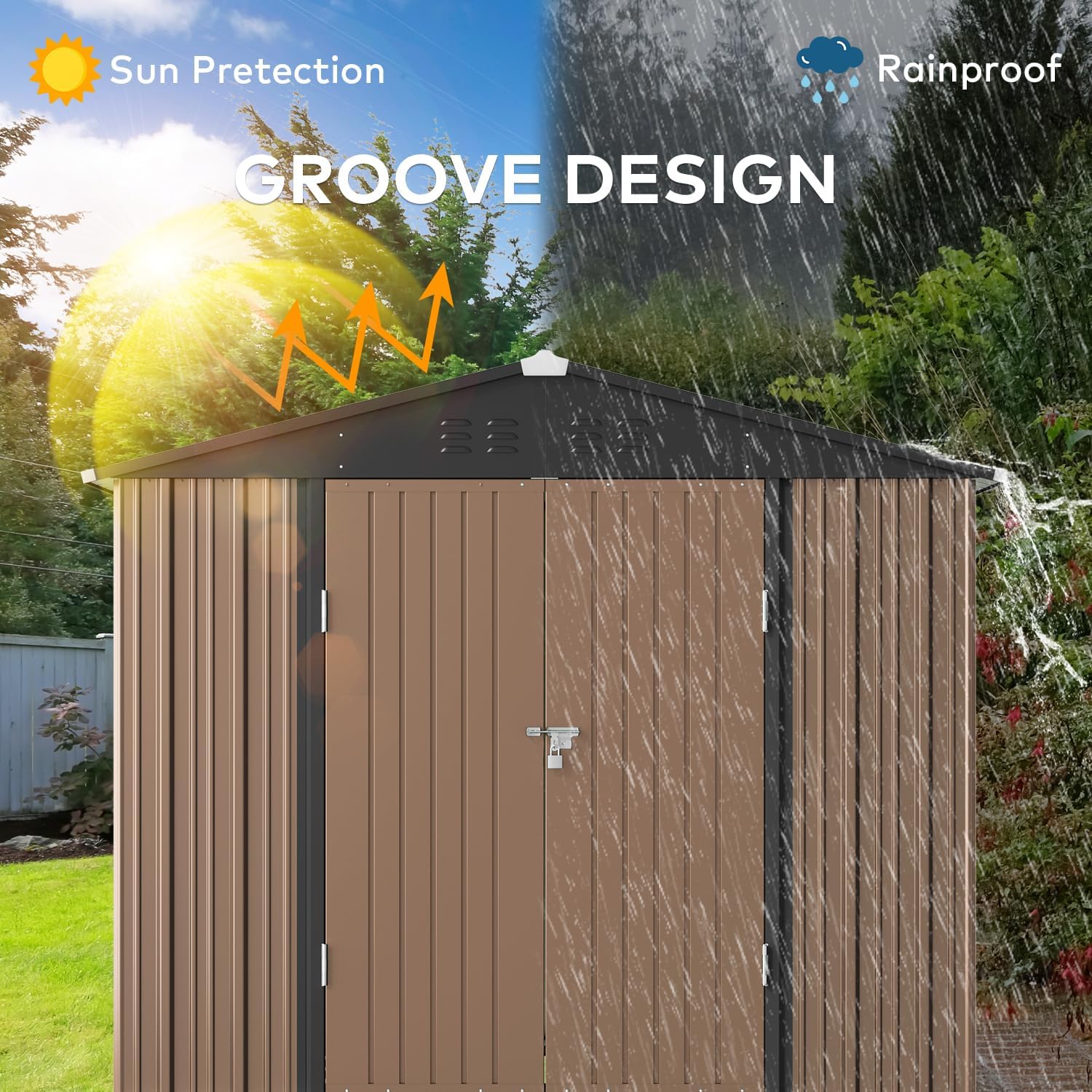 Gizoon 8x6 FT Galvanized Metal Outdoor Storage Shed - Double Lockable Doors, Weather-Resistant Garden Shed for Backyard, Patio & Lawn (Light Brown) | Perfect for Storing Tools, Equipment & Seasonal Items