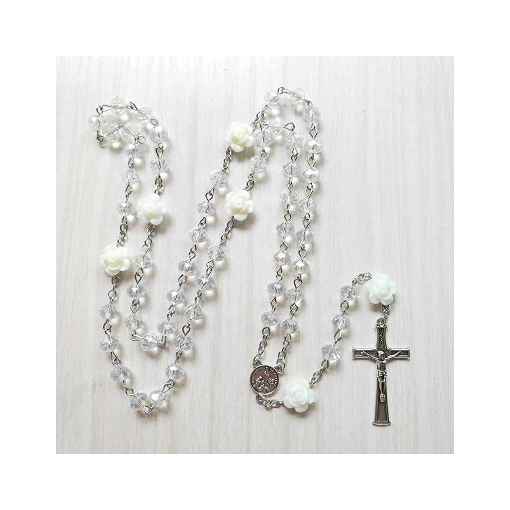 Vintage Rose Crystal Rosary Necklace - Catholic Cross Pendant with Long Chain - Religious Jewelry Gift for Women - Perfect for Prayer, Church, Baptism & Spiritual Occasions