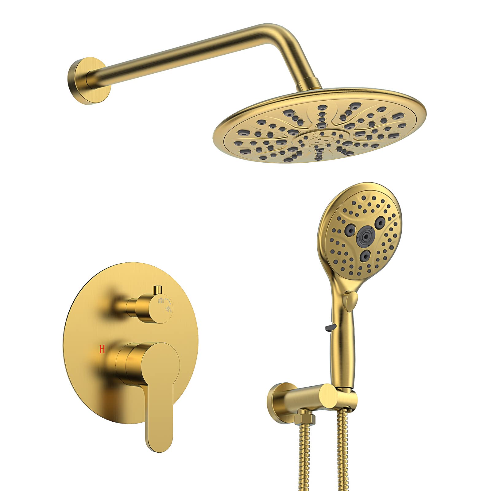 SunCleanse 7-Setting Rainfall Shower System with Handheld Spray - Brushed Gold Bathroom Faucet Set Includes Rough-in Valve & Trim Kit | Perfect for Luxurious Spa-Like Showers and Modern Bathroom Upgrades