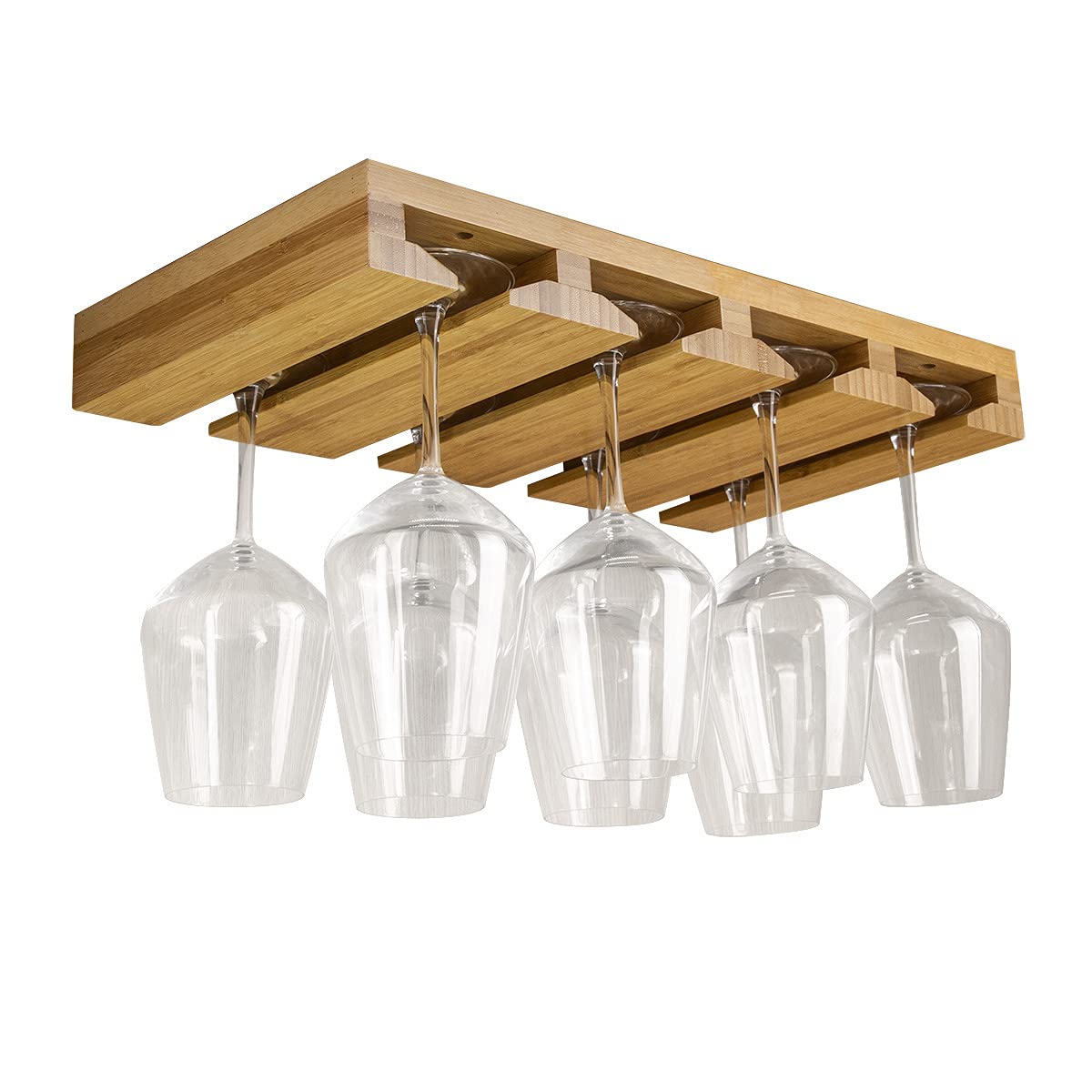 Bamboo Under Cabinet Wine Glass Rack - 2/3/4/5/6 Rows Hanging Stemware Holder for Kitchen, Bar & Home - Holds 4/6/8/10/12 Glasses - Space Saving Storage Solution for Wine, Champagne & Cocktail Glasses