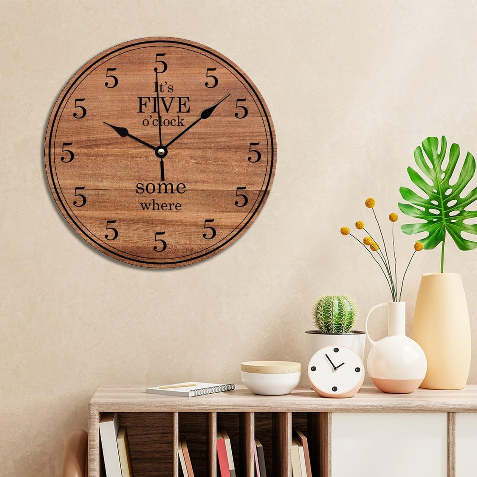 Funny Coworker Wall Clock - Silent Non-Ticking 12 Inch Wooden Clock with 'It's Five O'Clock Somewhere' Design | Battery Operated Home Decor for Kitchen, Living Room, Bathroom & Office | Perfect Gift for Colleagues, Housewarming & Retirement Parties