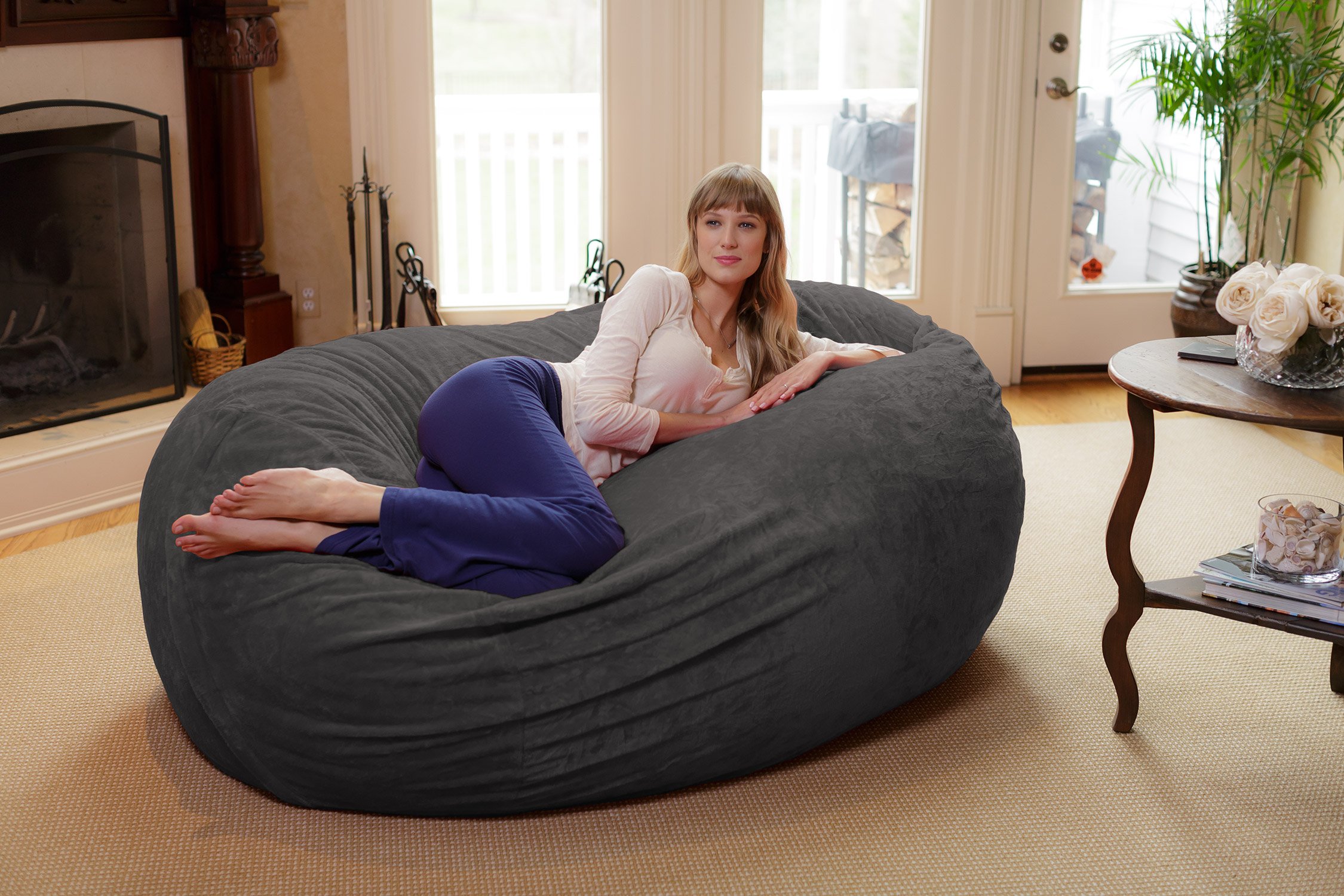 Chill Sack AMZ-6LG-FF11 6-Foot Memory Foam Bean Bag Chair - Large UltraSoft Microfiber Lounger with Furry Grey Cover - Perfect for Gaming, Movie Nights & Dorm Room Relaxation