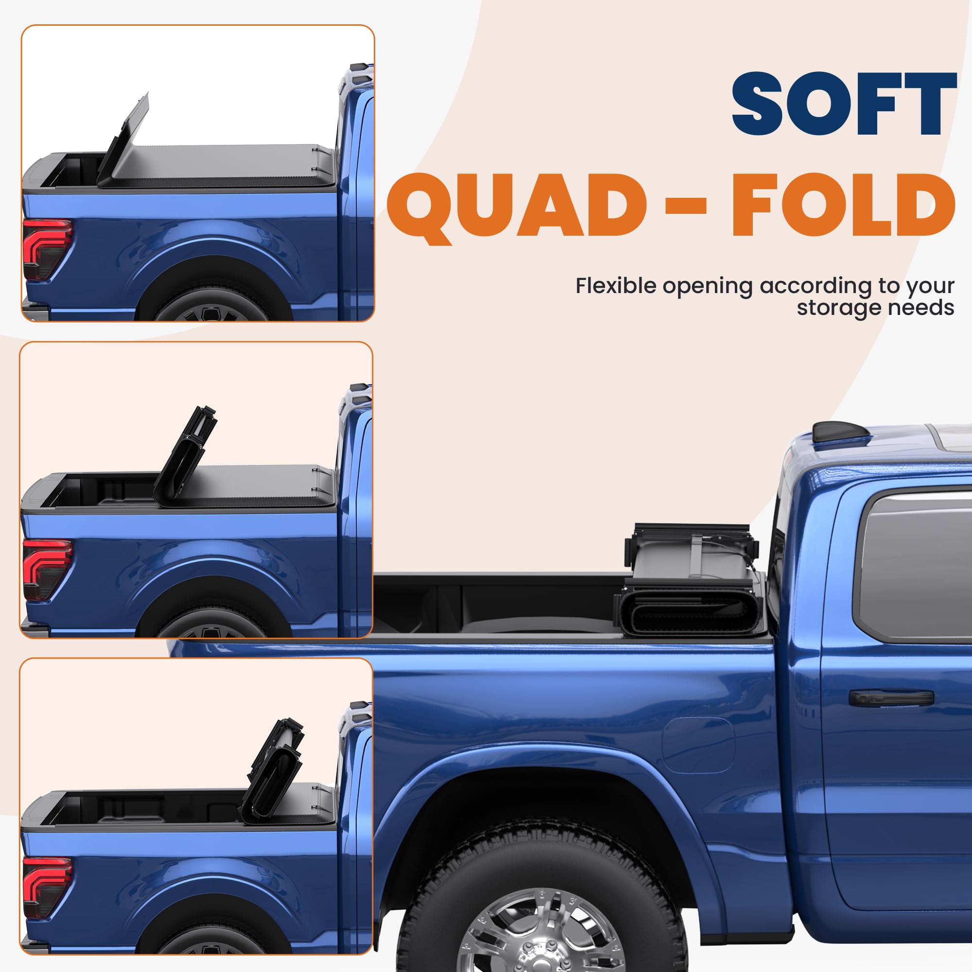 2025 Ford F150 F-150 5.5FT Quad 4-Flip Soft Tonneau Cover | Waterproof Truck Bed Cover for 2015-2024 Models | Perfect for Camping, Hauling & Outdoor Adventures