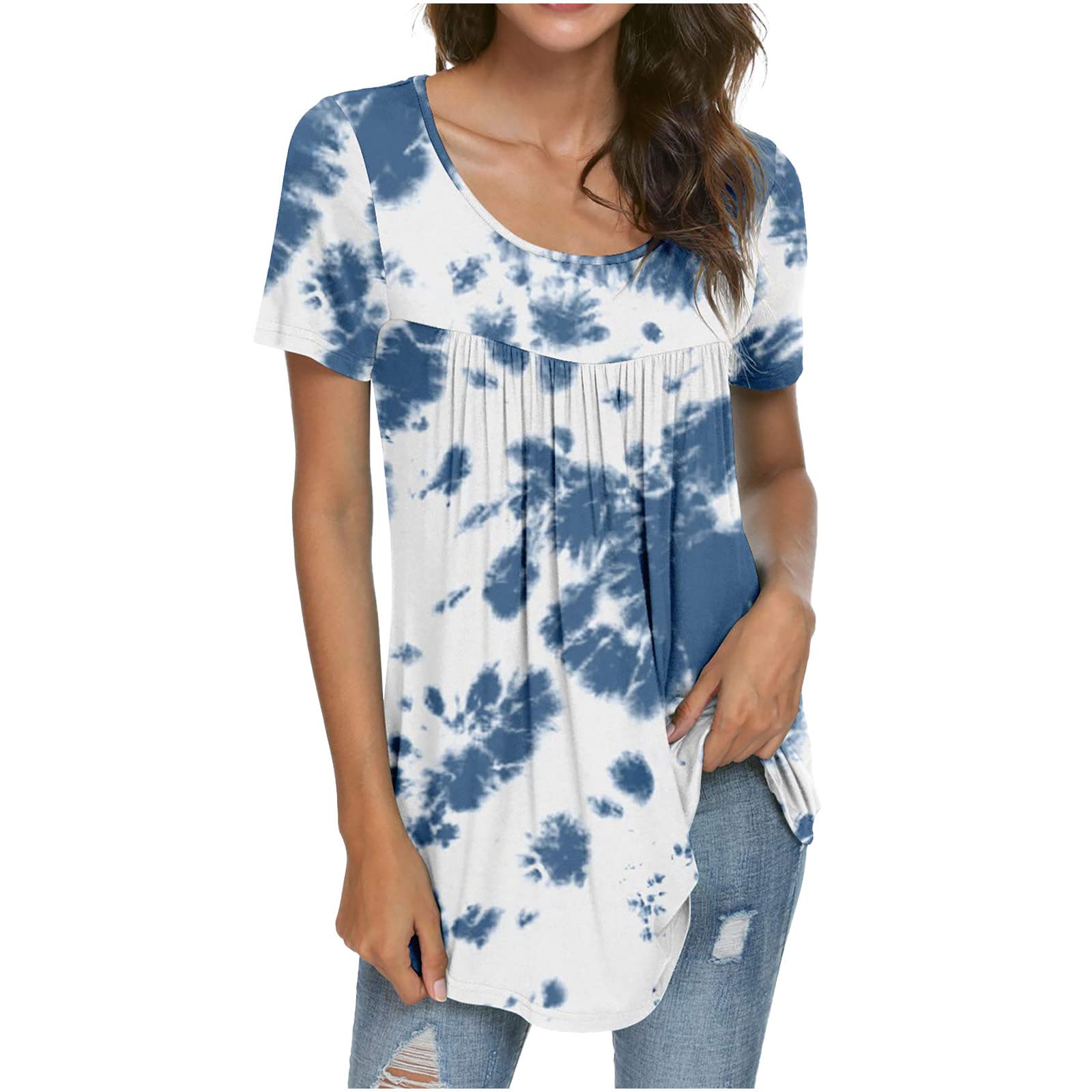 Trendy Blue Tie Dye Short Sleeve T-Shirt for Women - Loose Fit Crewneck Casual Top for Summer & Fall - Perfect for Beach Outings, Music Festivals and Everyday Wear