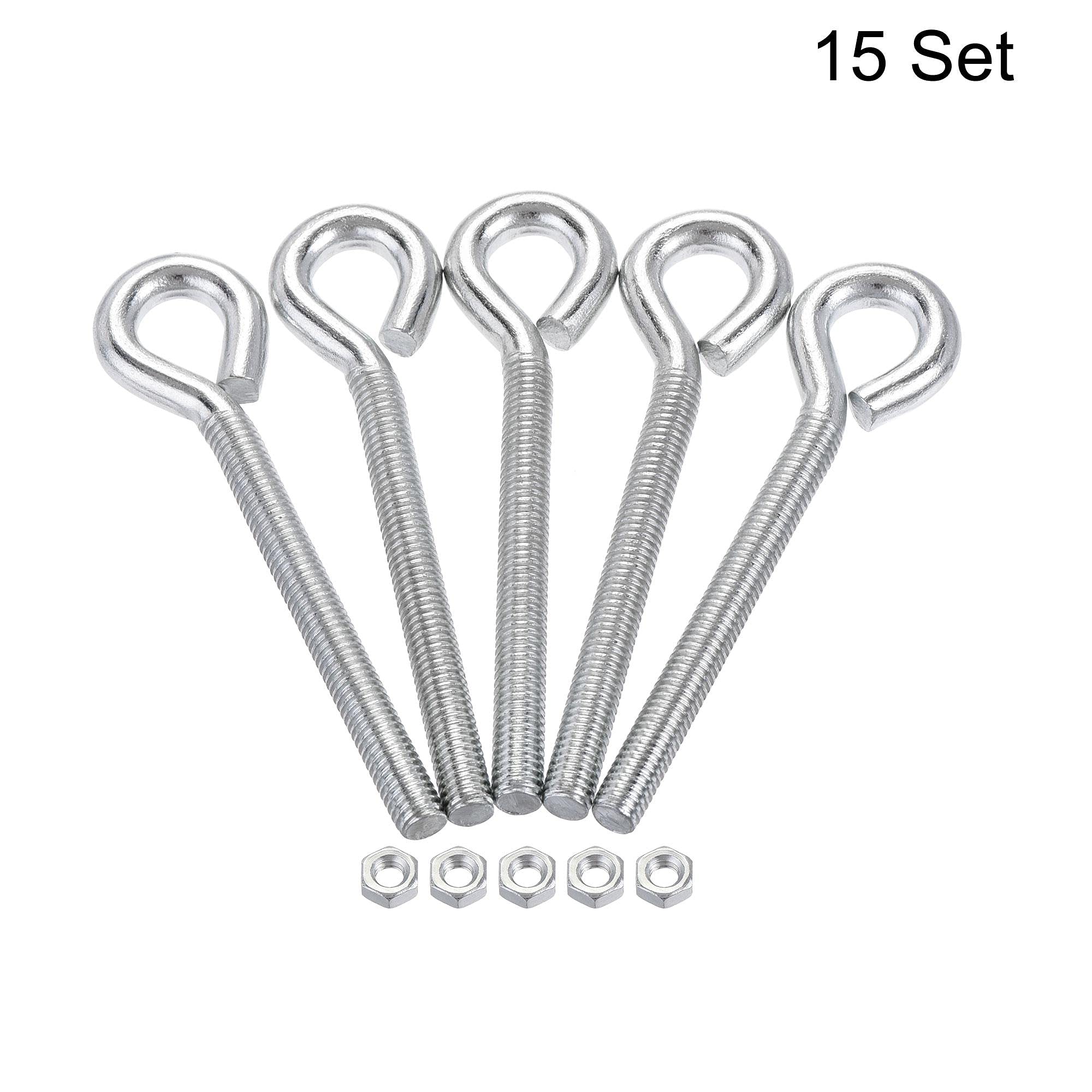 uxcell M6x60mm Eye Hooks Screws Bolts Kit - 15pcs Carbon Steel Hanger Eyelet Hooks with Hex Nuts for Metal Hooks & Wood Terminal Ring Hooks - Perfect for Hanging Plants, Tools & Home Decor