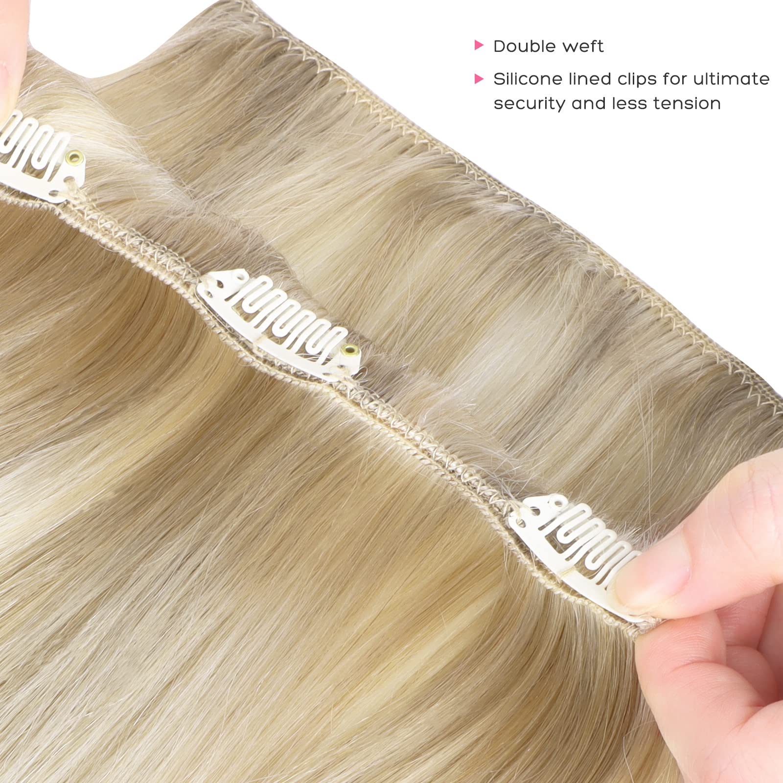 Marat Clip in Human Hair Extensions 16 Inch 120g - Ash Blonde Highlighted Platinum Blonde Straight Hair Extensions for Women | Perfect for Parties, Weddings & Daily Styling