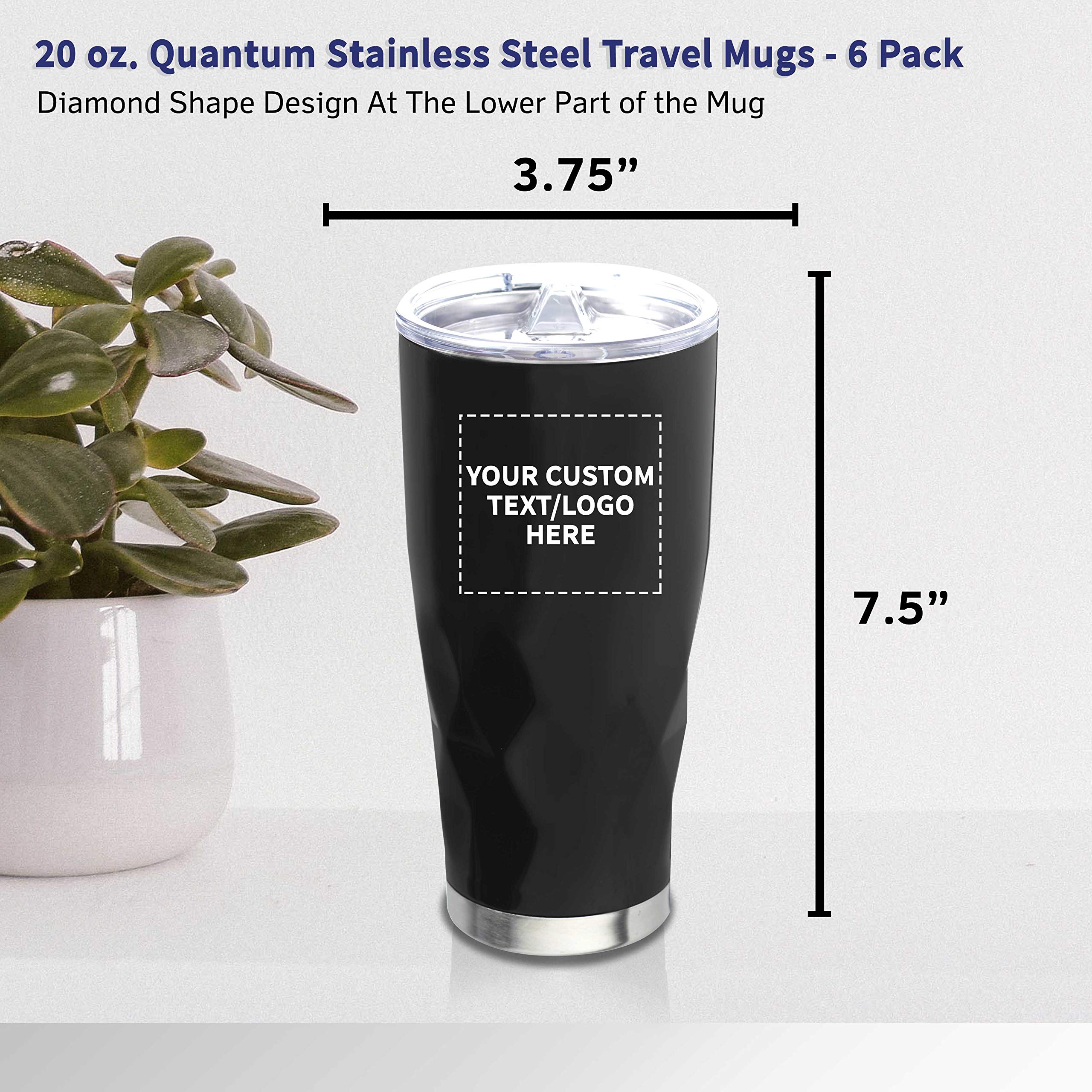 Custom 20 oz Quantum Stainless Steel Travel Mugs - 6 Pack with Personalized Text & Logo - Black - Perfect for Corporate Gifts, Office Use & Outdoor Adventures