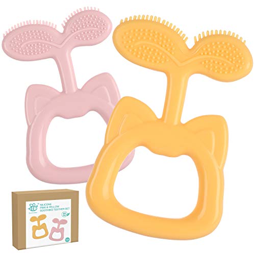 BumbleBee Baby Teething Toys - Silicone Teether with Soft Bristles for Cleaning Infant Teeth & Gums, Soothe Teething Pain & Massage Gums - Candy Yellow & Pink - Perfect for On-the-Go, Daycare & Travel Use