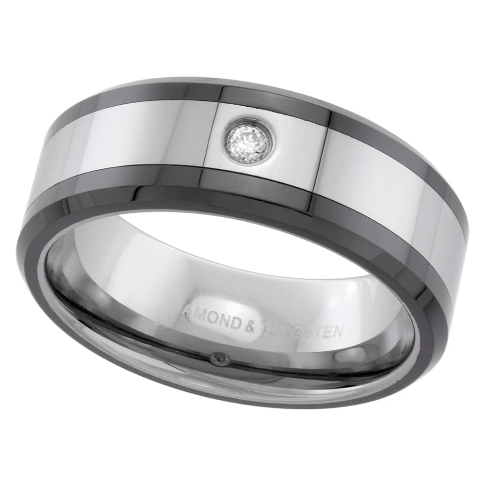 Sabrina Silver 2-Ring Set 6mm & 8mm Tungsten Diamond Wedding Band for Him & Her - Black Ceramic Beveled Edges, Comfort Fit Sizes 5-13 - Perfect for Anniversaries, Engagements and Couple Jewelry Gifts