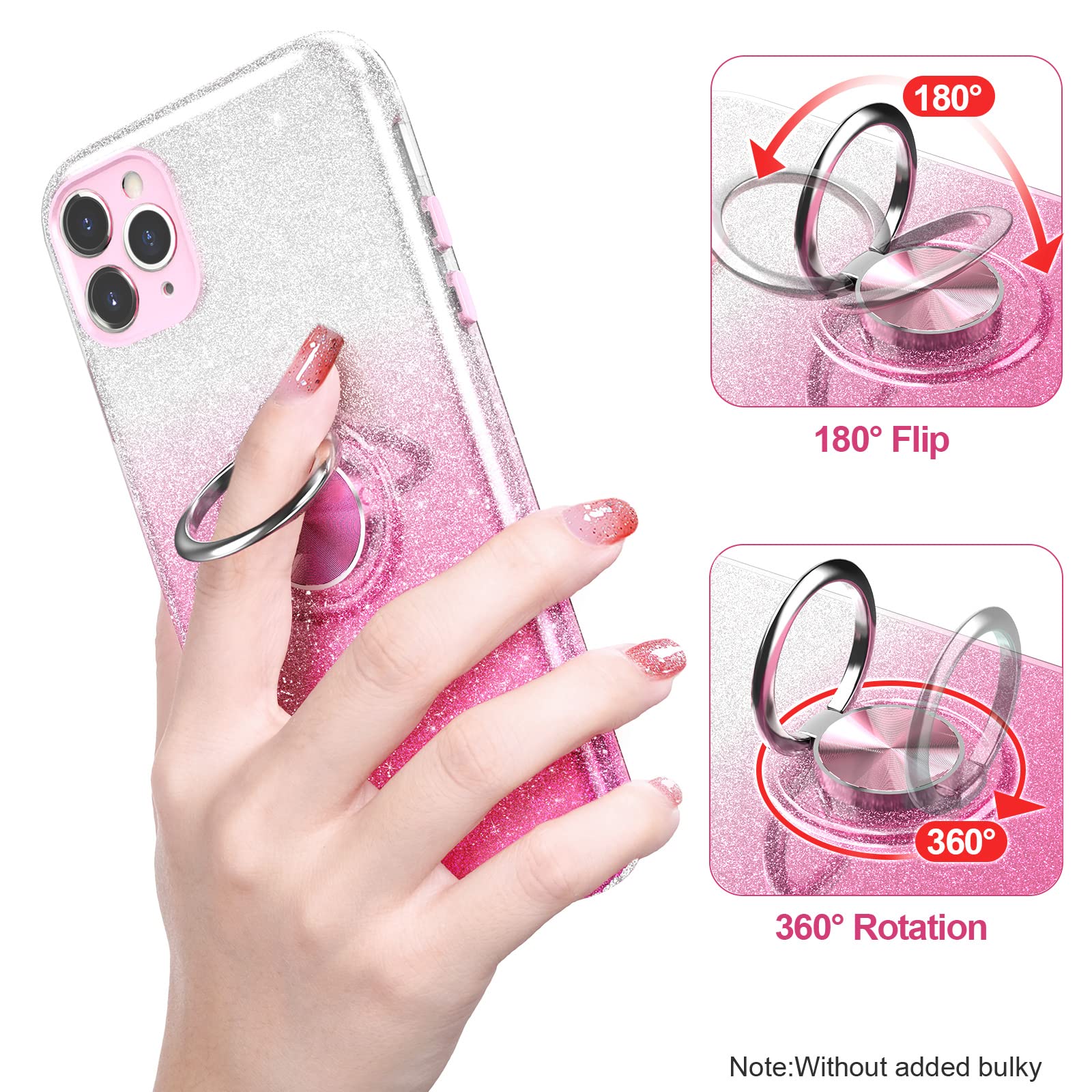 Sparkly Glitter iPhone 11 Pro Max Case with 360° Ring Holder & Magnetic Car Mount - Slim Shock-Absorbent Protective Cover for Women (6.5