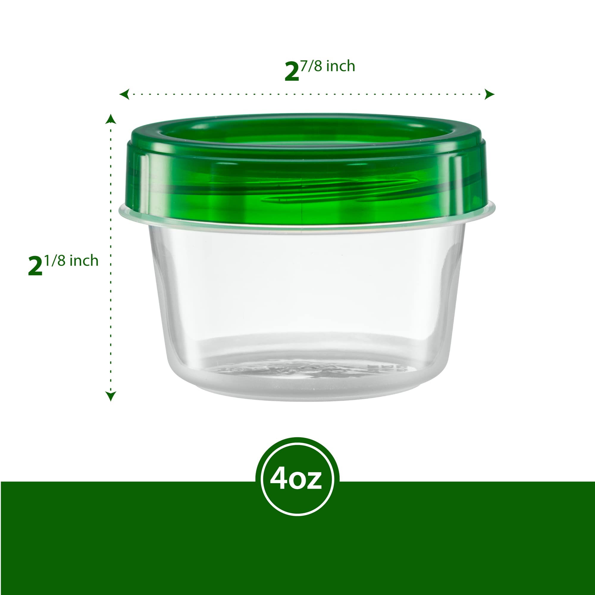 4oz (10 Pack) Clear Bottom Green Top Twist Cap Food Storage Containers with Screw-On Lids - Perfect for Freezer, Meal Prep & Leftovers