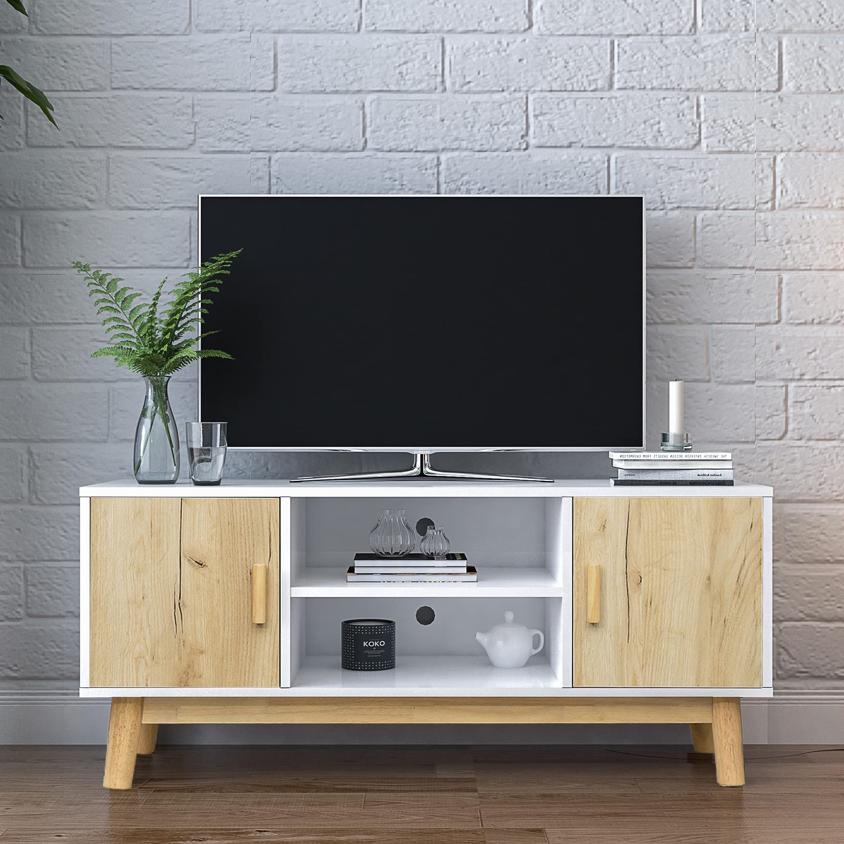 Mid-Century Modern TV Stand for 50 Inch Flat Screen TVs - Wooden Media Console with Storage Shelves, White & Oak Entertainment Center for Living Room, Bedroom, Office - Perfect for Home Theater Setup & Stylish Home Decor (42.9 Inch)