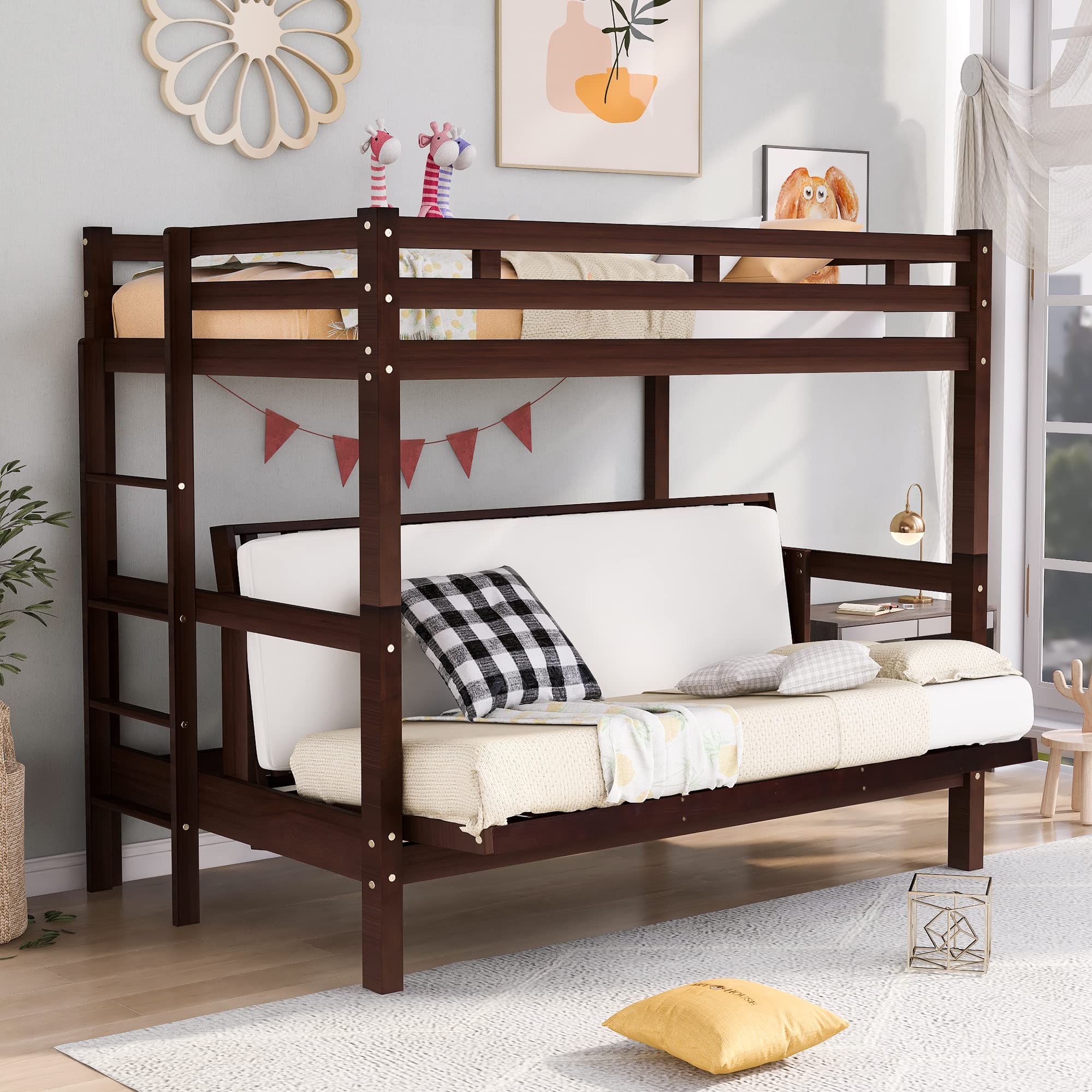 Twin Over Full Bunk Bed with Convertible Futon - Solid Wood Bunk Bed Separates into 2 Beds - Space-Saving Bunk Bed Frame with Built-in Ladder - Perfect for Kids, Teens & Adults (Espresso) - Ideal for Small Bedrooms, Guest Rooms & Dormitories