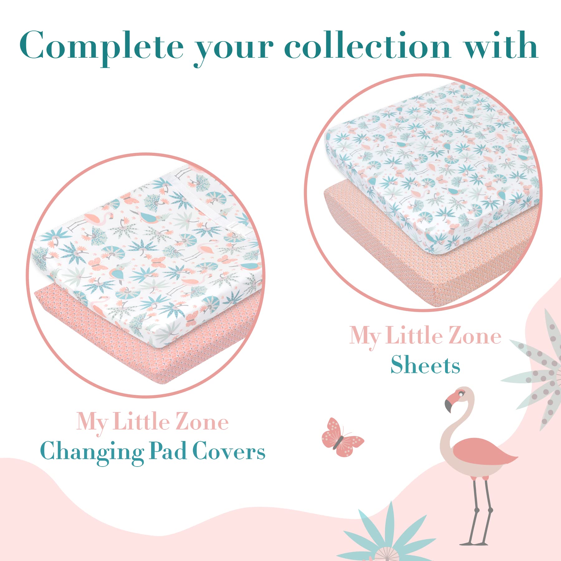 My Little Zone 100% Cotton Crib Fitted Sheets for Baby Girls - Soft Flamingo & Jungle Leaves Print, Breathable Toddler Bed Sheet Set, 28x52 Inches with 8