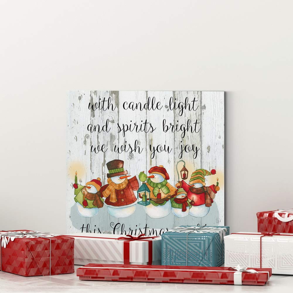 Renditions Gallery Candle Light Snowmen Wall Art - Cute Christmas & Winter Canvas Painting with Festive Faux Wood Background - Premium Gallery Wrapped Ready-to-Hang Decor (40x40 Inches) - Made in USA - Perfect for Living Room, Bedroom & Holiday Home Decor