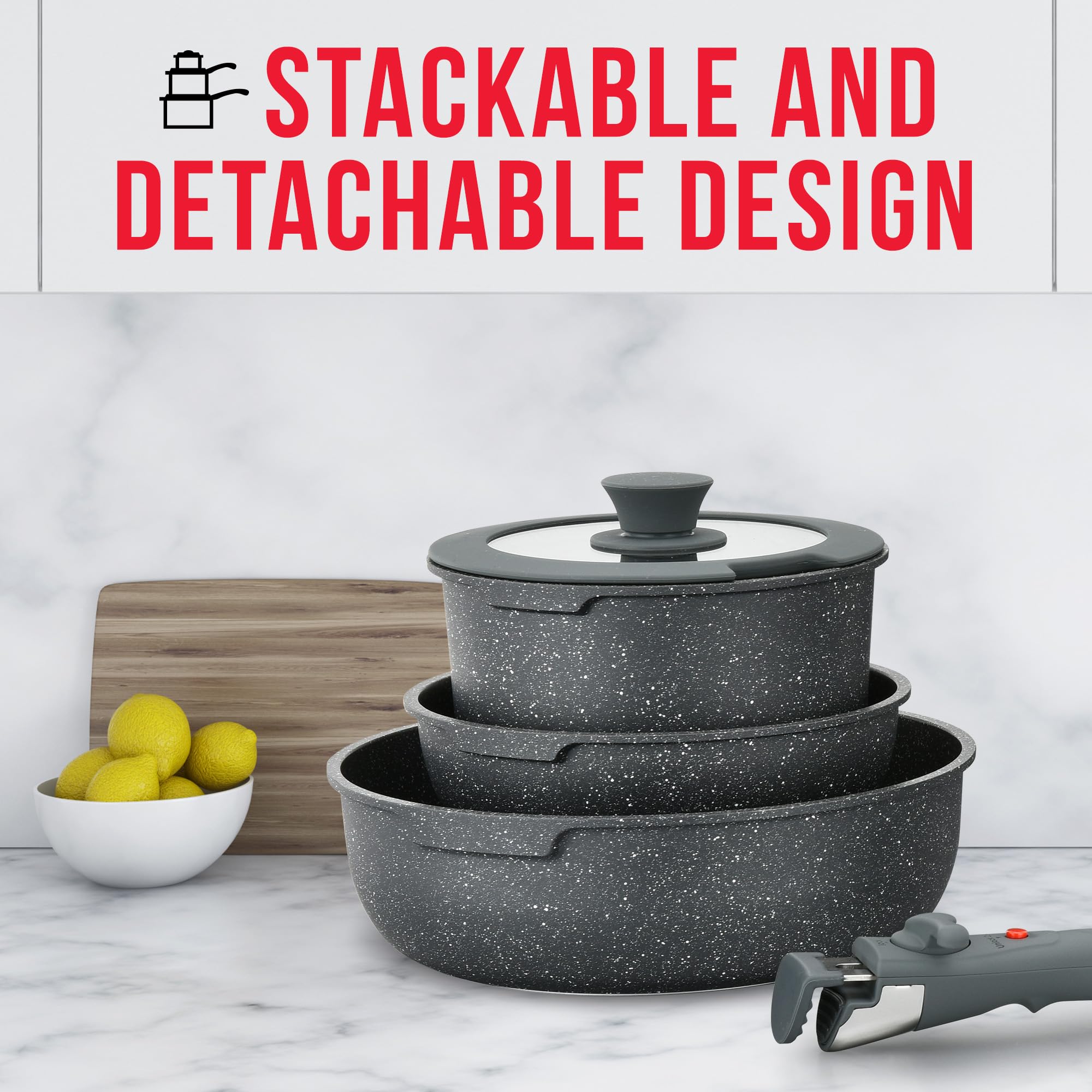 Premium 15-Piece Non-Stick Cookware Set with Removable Handles - Granite Coated Stackable Pots & Pans, Oven & Dishwasher Safe, Induction Compatible for Gas, Electric & Ceramic Stoves - Perfect for Family Cooking, Meal Prep & Everyday Kitchen Use - Black Granite