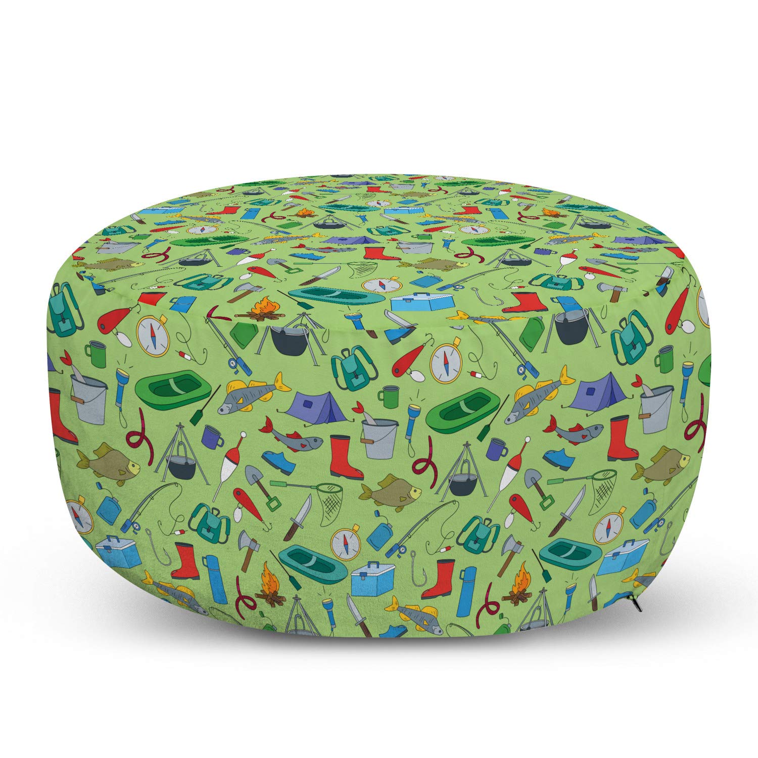 Ambesonne Fishing Theme Ottoman Pouf with Angling & Camping Decor - Soft Foot Rest Stool with Removable Cover for Living Room & Bedroom - Pastel Green Multicolor - Perfect for Outdoor Enthusiasts & Cozy Home Decor