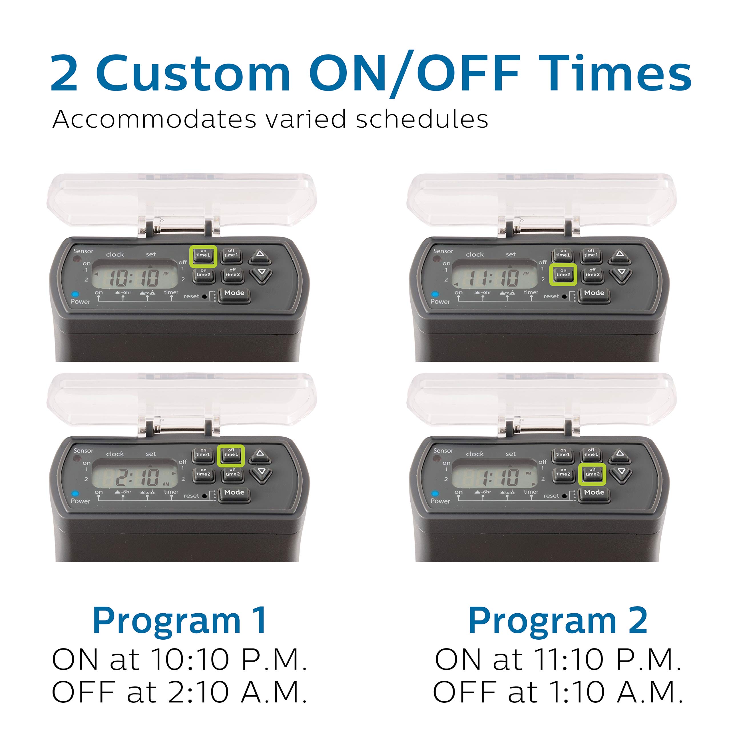 Philips Outdoor Digital Stake Timer with 6 Grounded Outlets - Light Sensing Power Timer for Gardens & Landscaping - Custom ON/OFF Settings, Weatherproof & Rotating Design - Perfect for Holiday Lights, Fountain Pumps & Outdoor Decor (Green, Model SPC1236AT/27)