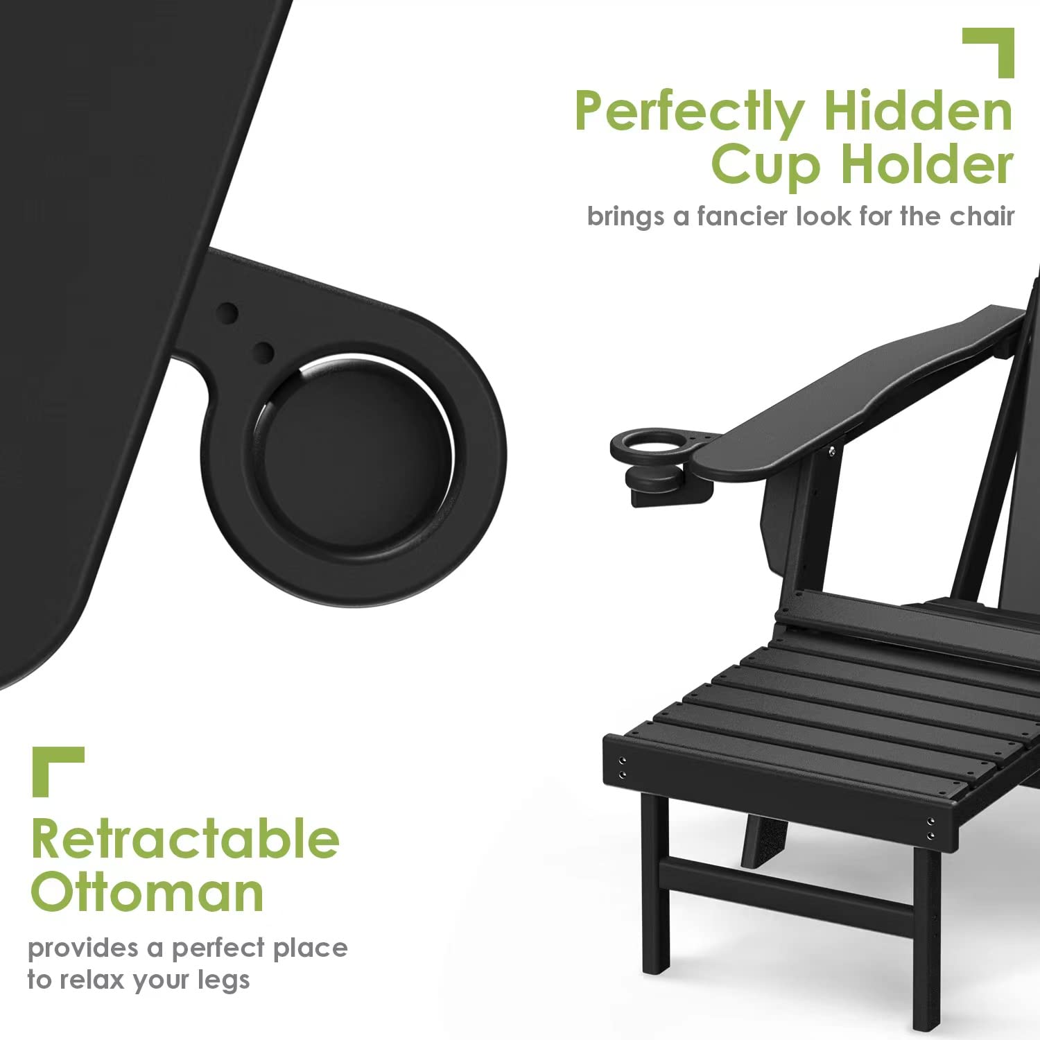 Premium Folding Adirondack Chair with Ottoman & Retractable Footrest - All-Weather HDPE Plastic Outdoor Lounge Chair for Poolside, Patio, Garden & Fire Pit - Includes Cup Holders (Black)
